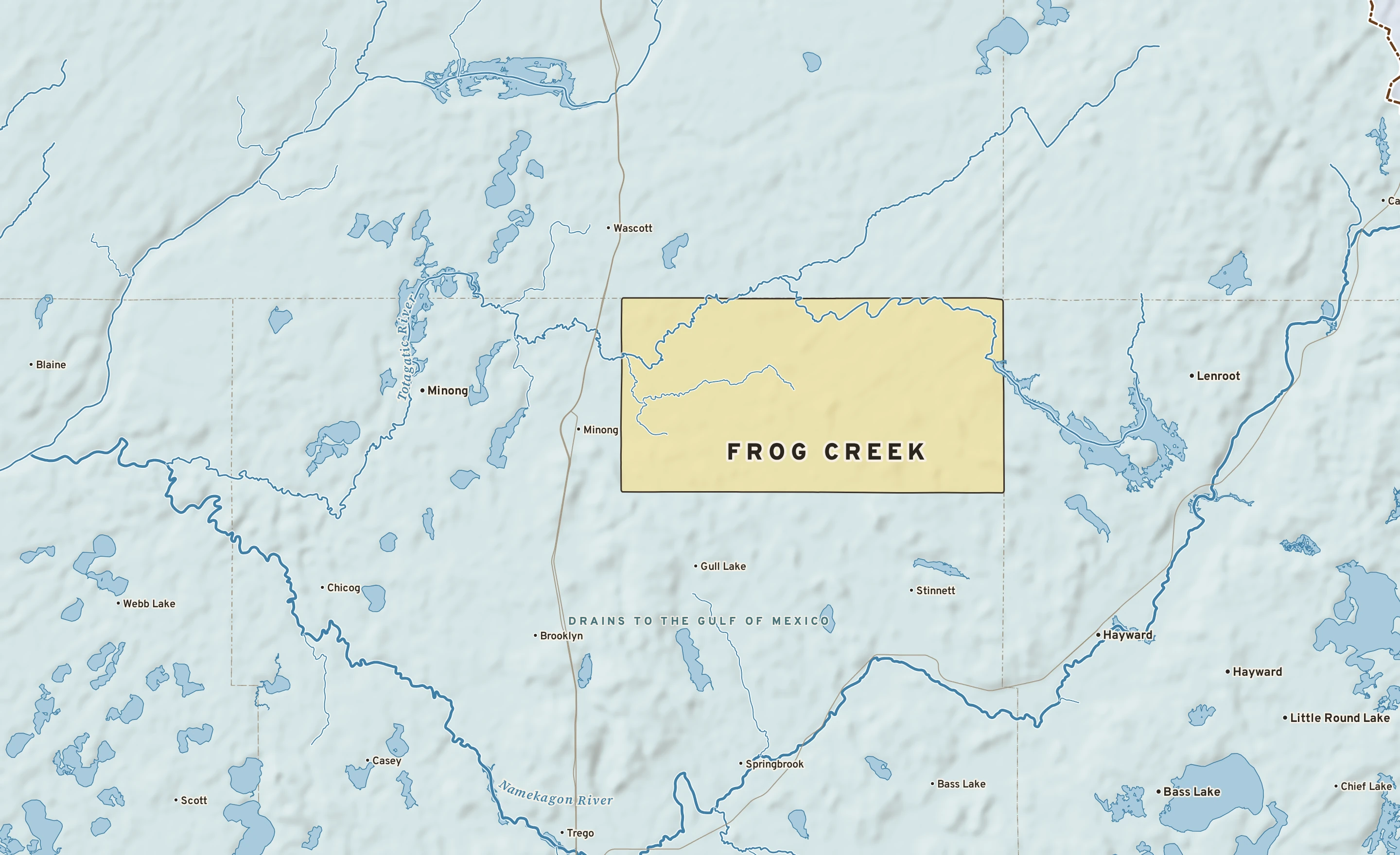 Shaded-relief atlas plate of Frog Creek, Wisconsin: rivers, roads, the city limits and where the water drains.