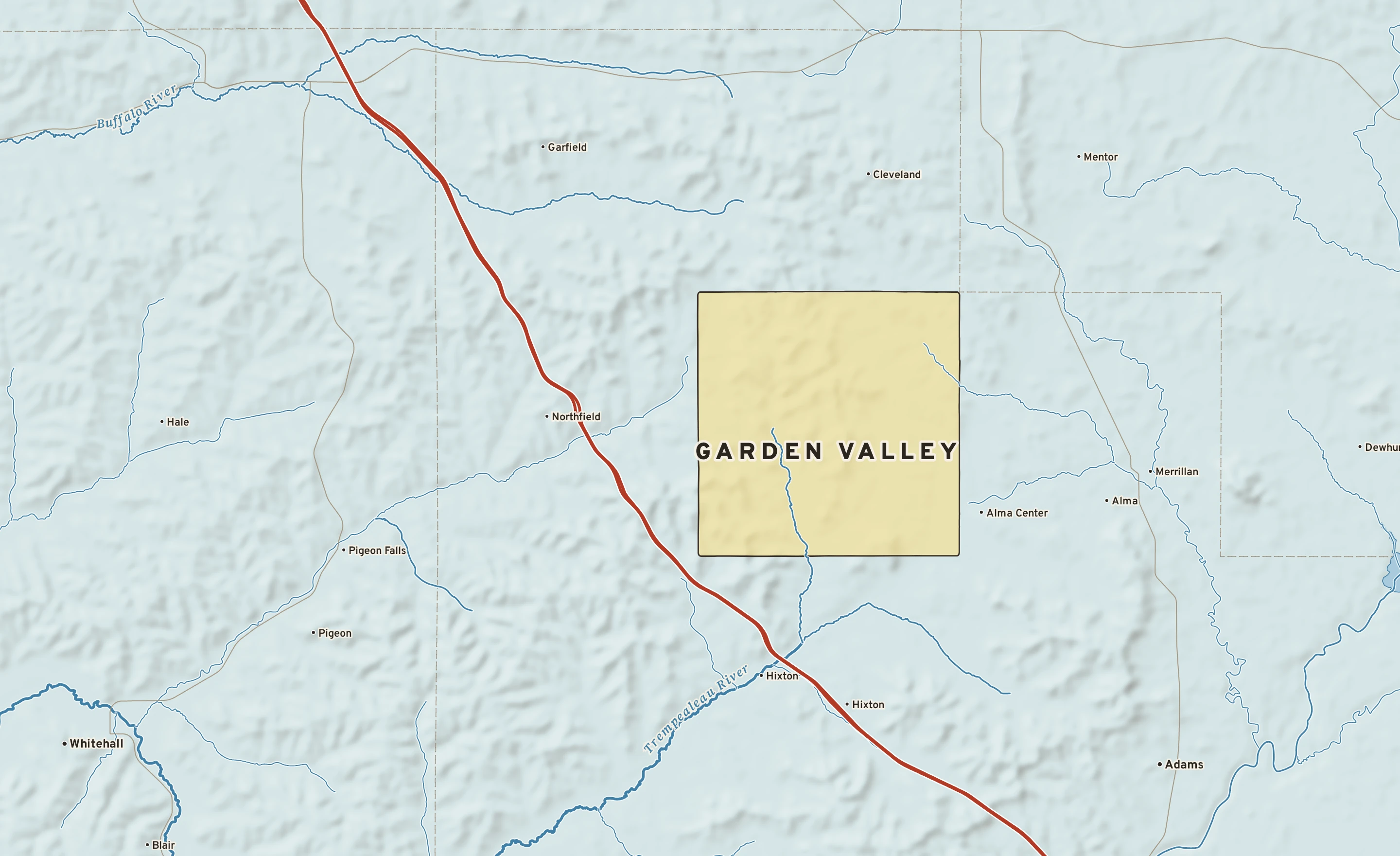 Shaded-relief atlas plate of Garden Valley, Wisconsin: rivers, roads, the city limits and where the water drains.