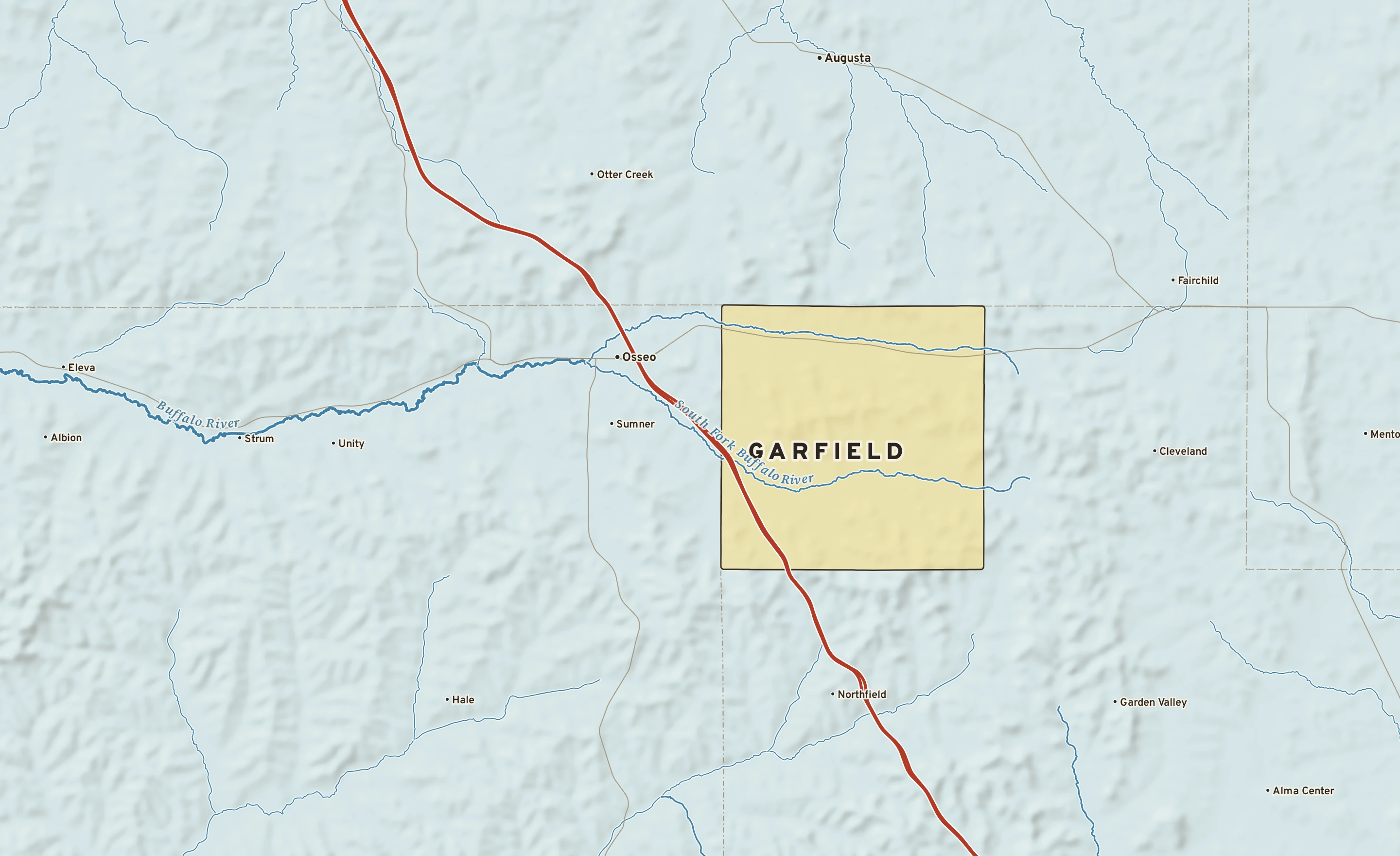 Shaded-relief atlas plate of Garfield, Wisconsin: rivers, roads, the city limits and where the water drains.