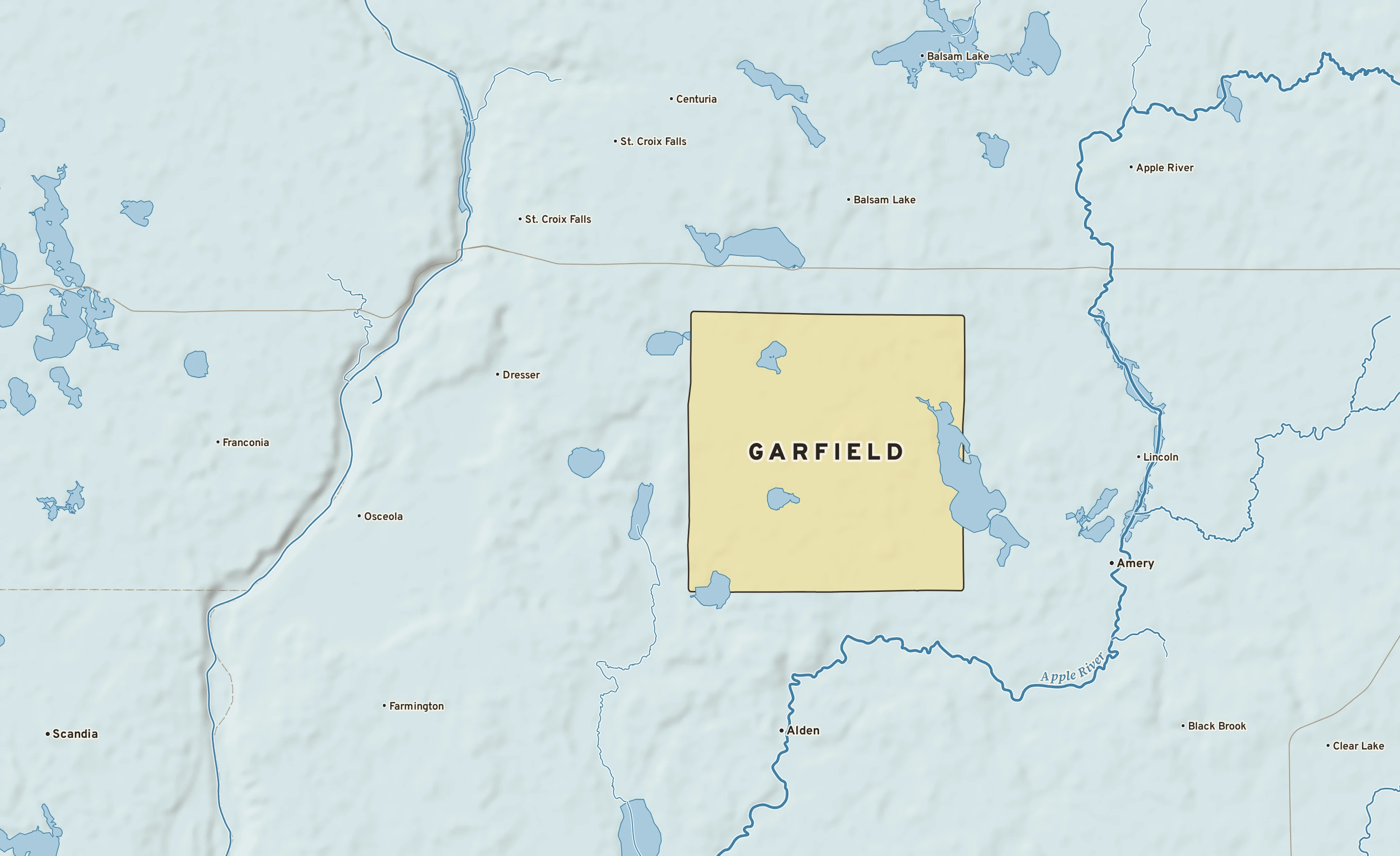 Shaded-relief atlas plate of Garfield, Wisconsin: rivers, roads, the city limits and where the water drains.