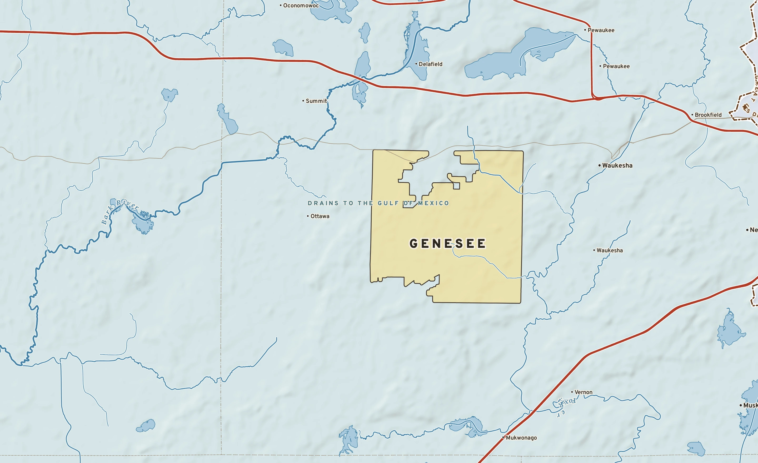 Shaded-relief atlas plate of Genesee, Wisconsin: rivers, roads, the city limits and where the water drains.