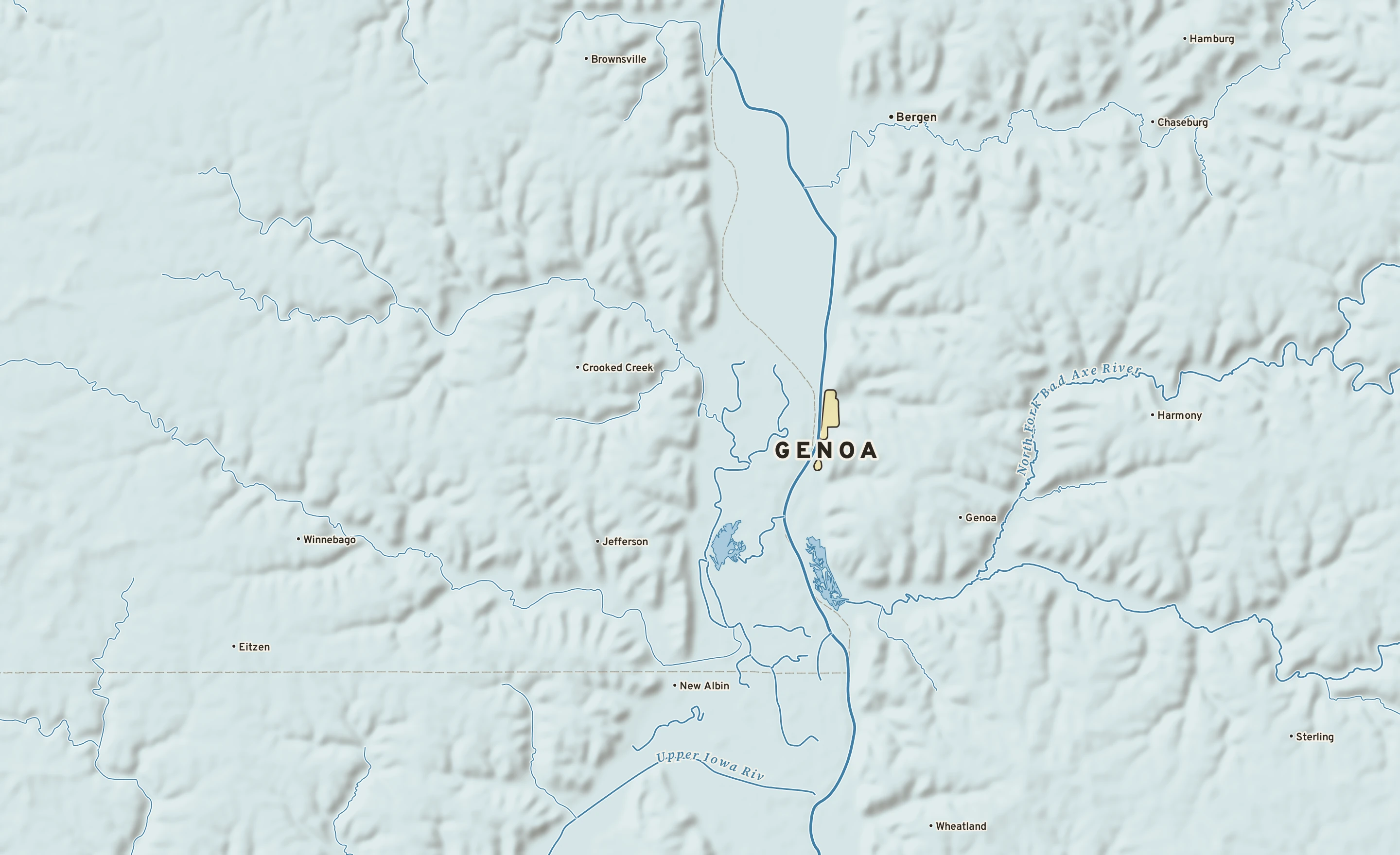 Shaded-relief atlas plate of Genoa, Wisconsin: rivers, roads, the city limits and where the water drains.