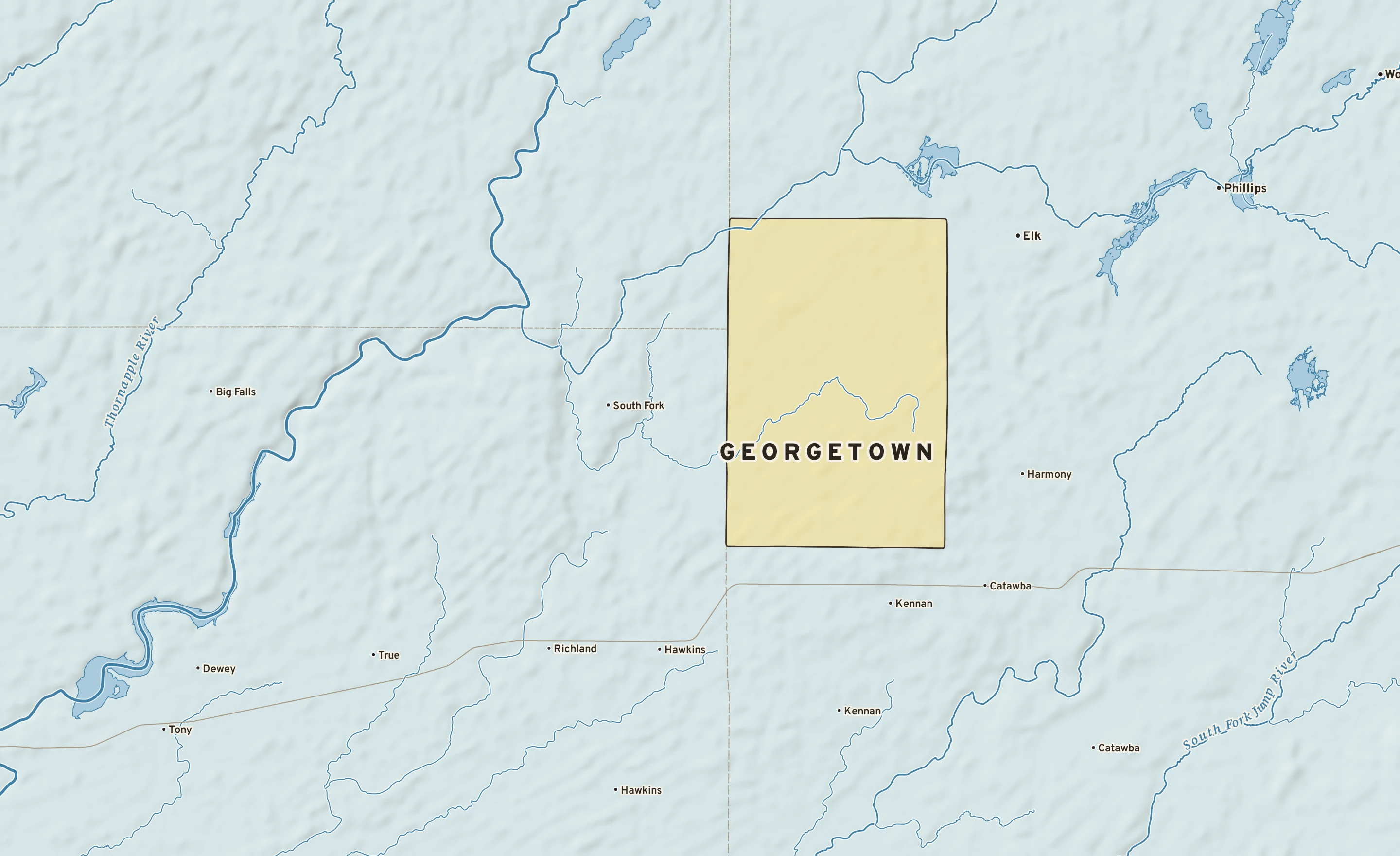 Shaded-relief atlas plate of Georgetown, Wisconsin: rivers, roads, the city limits and where the water drains.