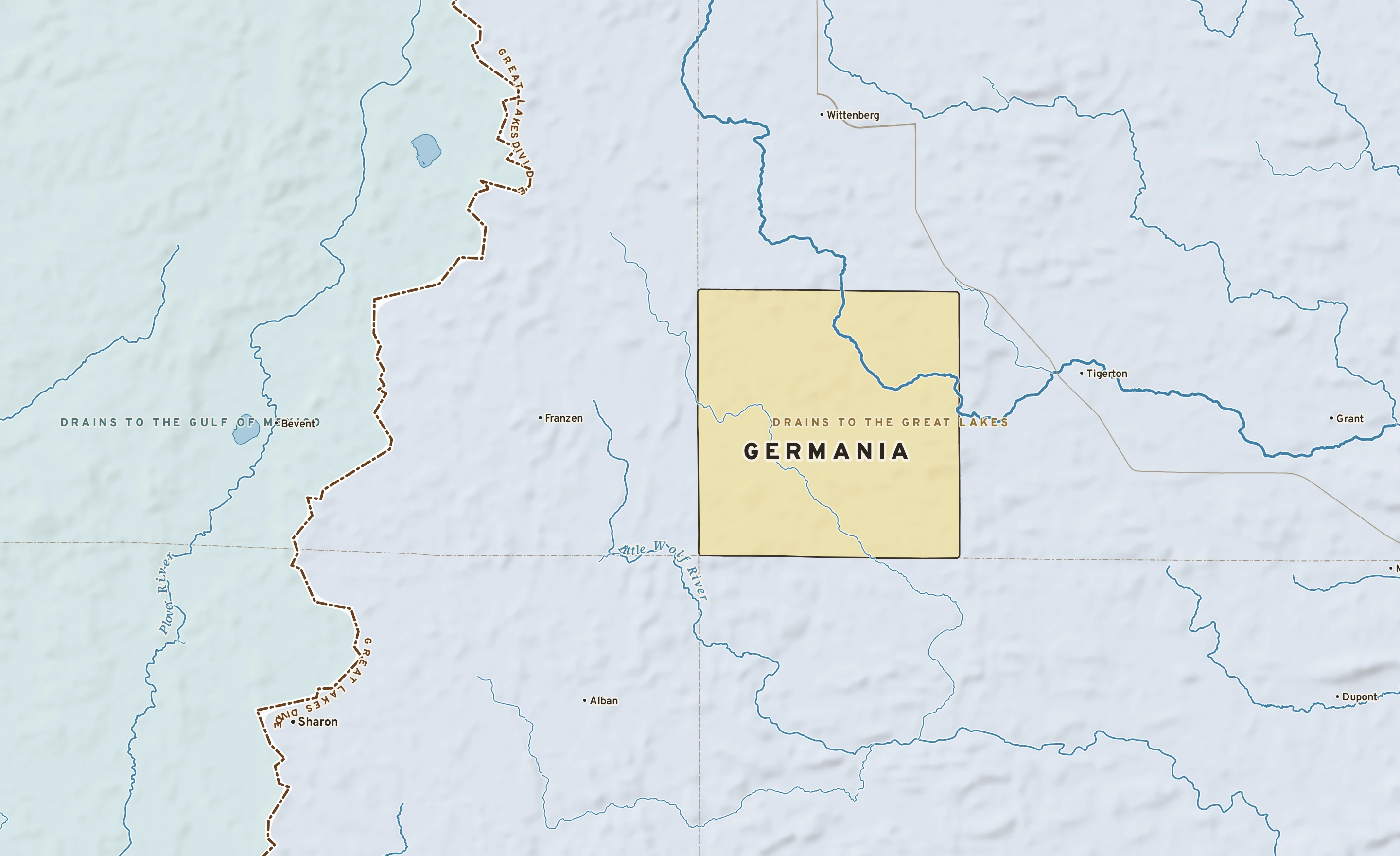 Shaded-relief atlas plate of Germania, Wisconsin: rivers, roads, the city limits and where the water drains.