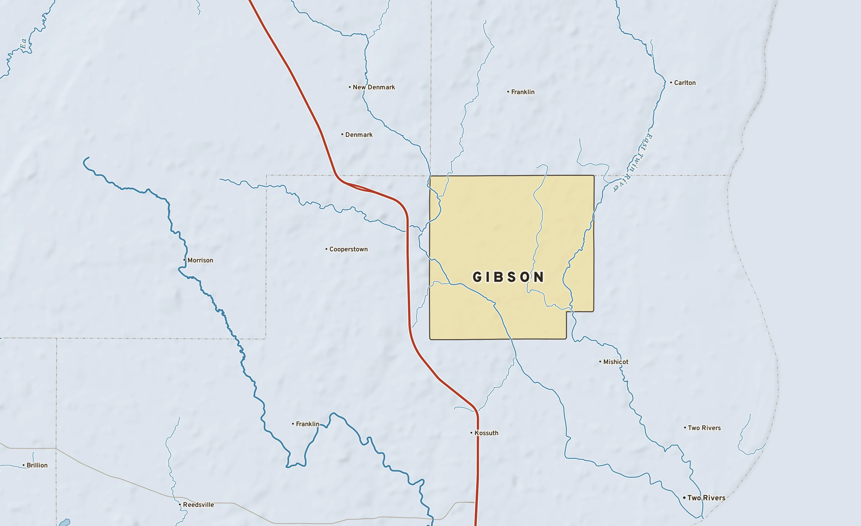 Shaded-relief atlas plate of Gibson, Wisconsin: rivers, roads, the city limits and where the water drains.