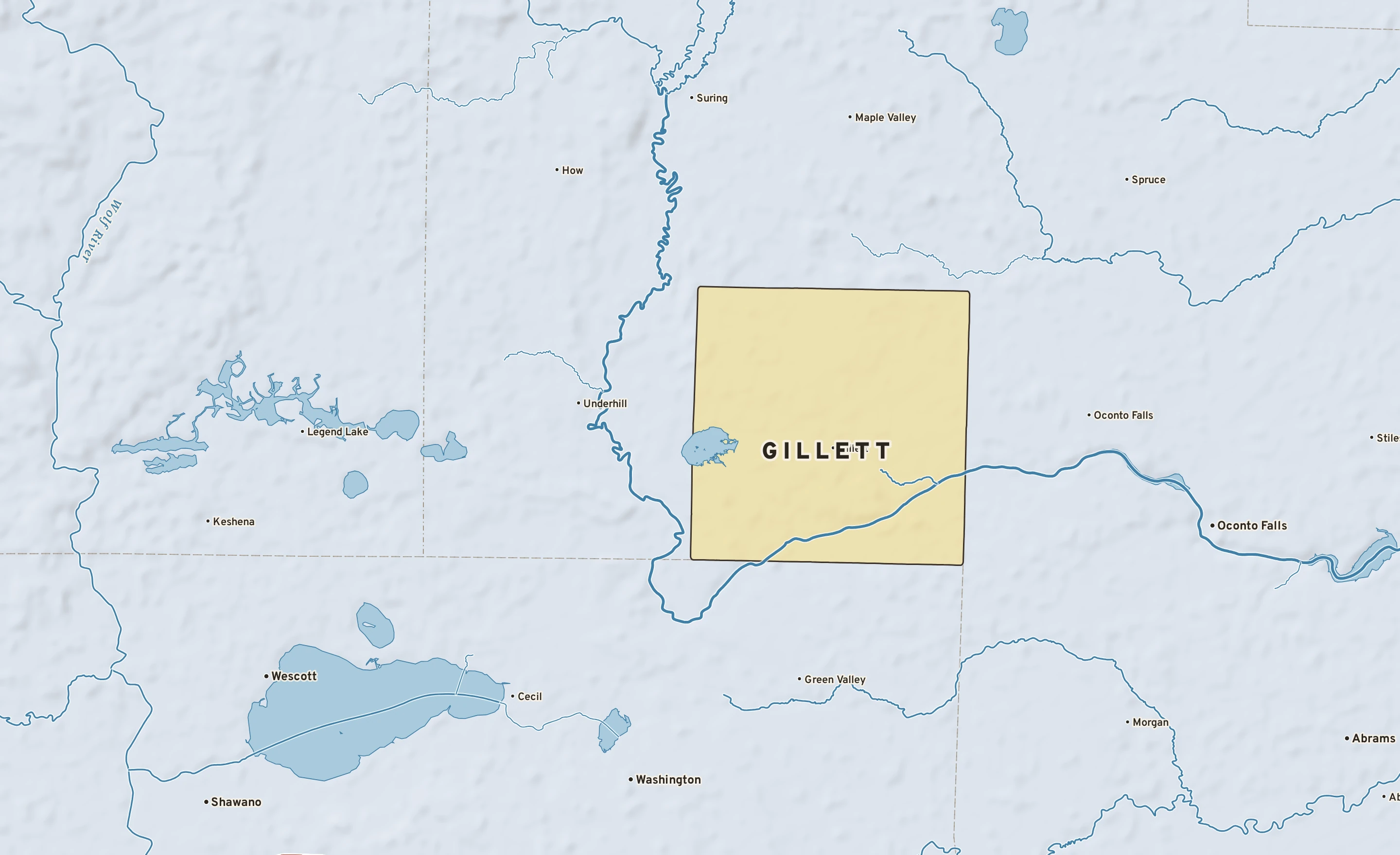 Shaded-relief atlas plate of Gillett, Wisconsin: rivers, roads, the city limits and where the water drains.