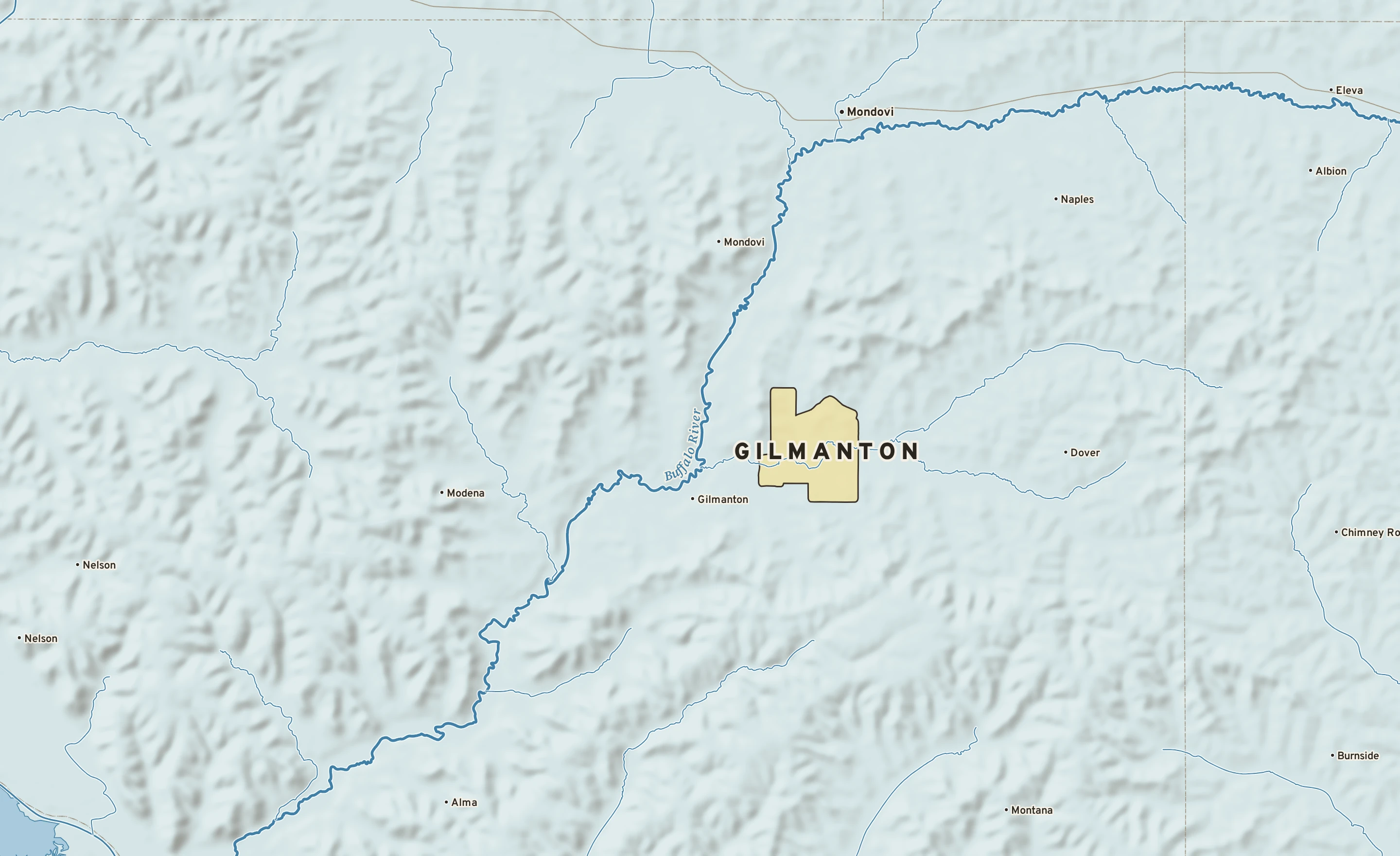 Shaded-relief atlas plate of Gilmanton, Wisconsin: rivers, roads, the city limits and where the water drains.
