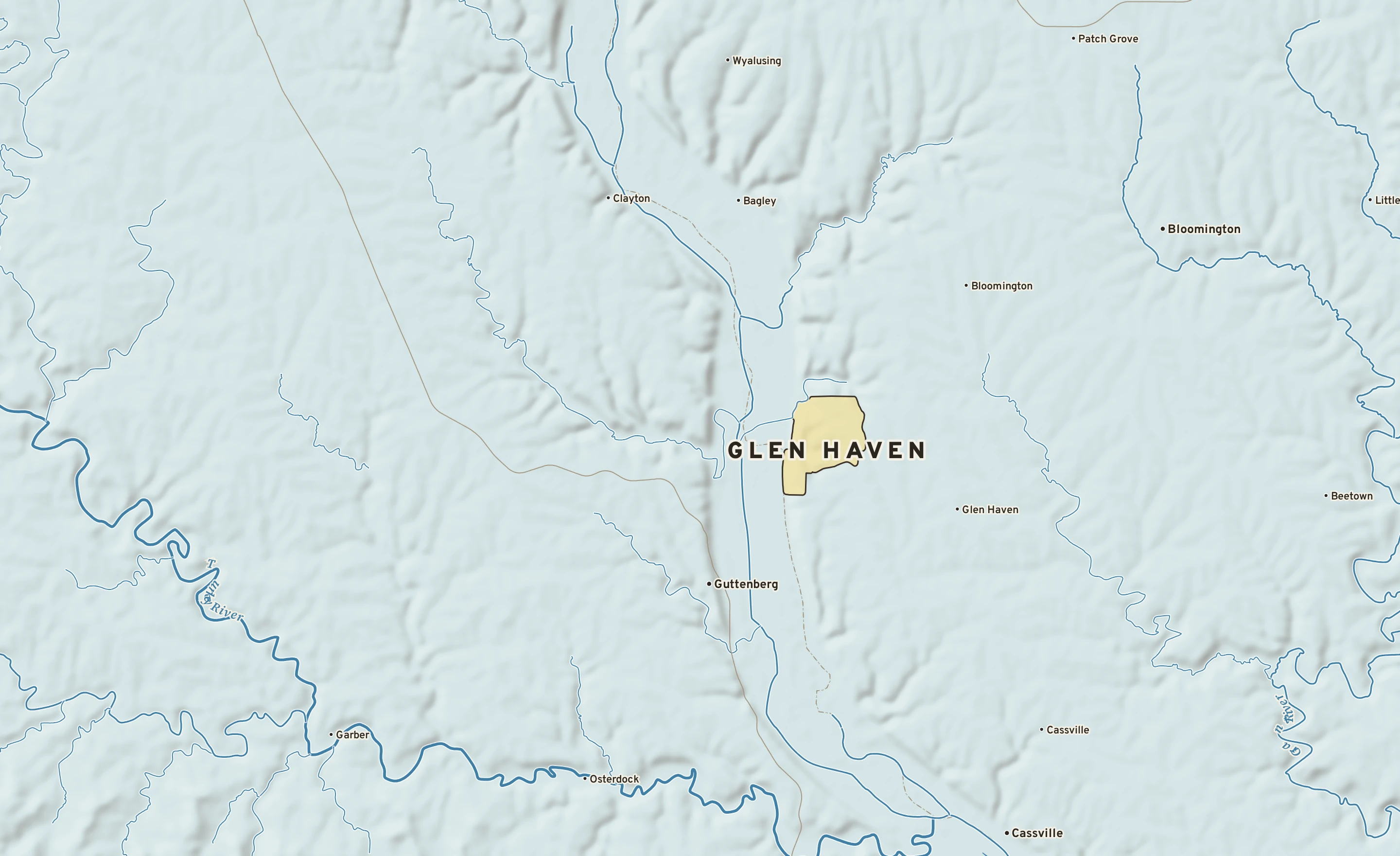 Shaded-relief atlas plate of Glen Haven, Wisconsin: rivers, roads, the city limits and where the water drains.