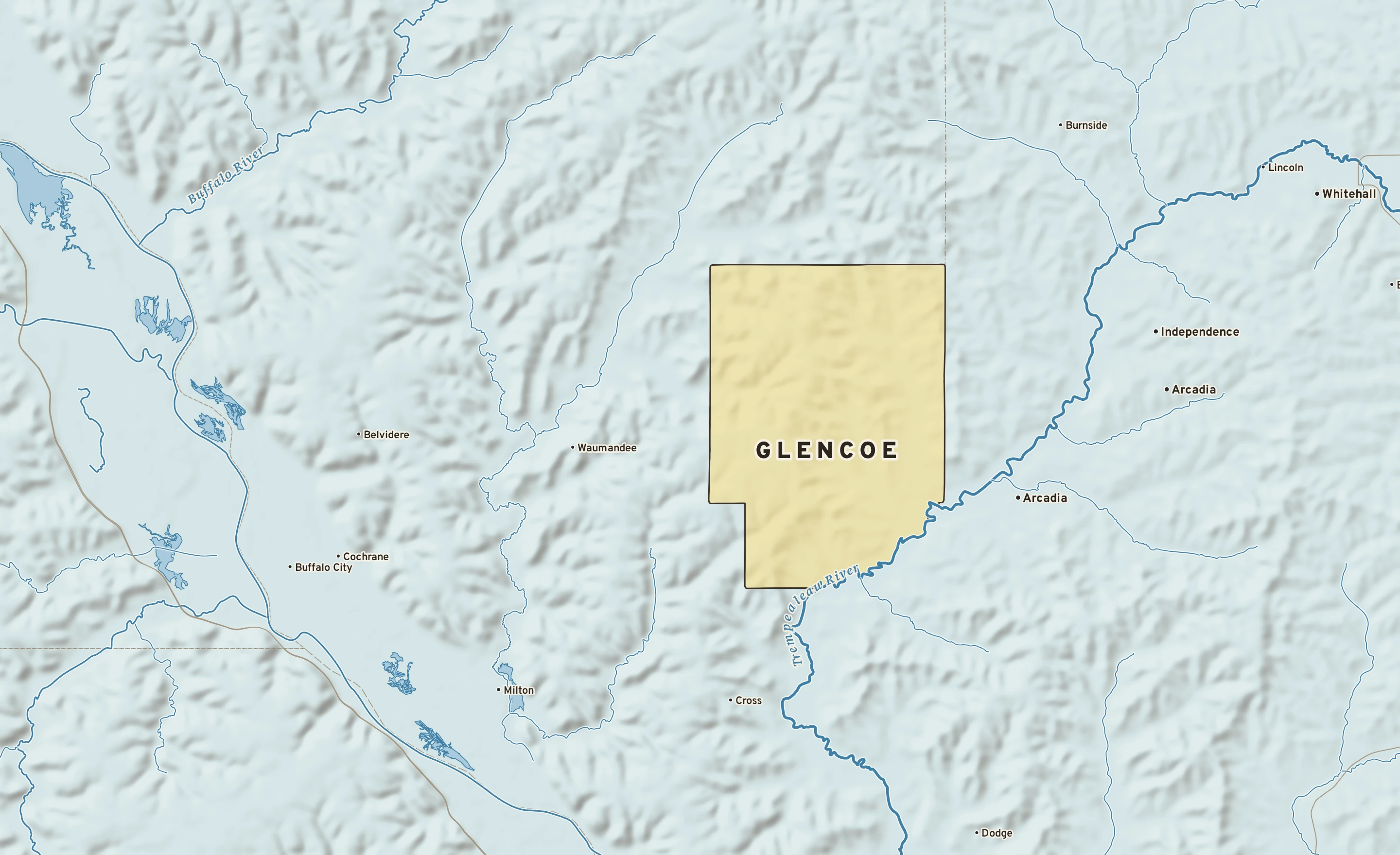Shaded-relief atlas plate of Glencoe, Wisconsin: rivers, roads, the city limits and where the water drains.