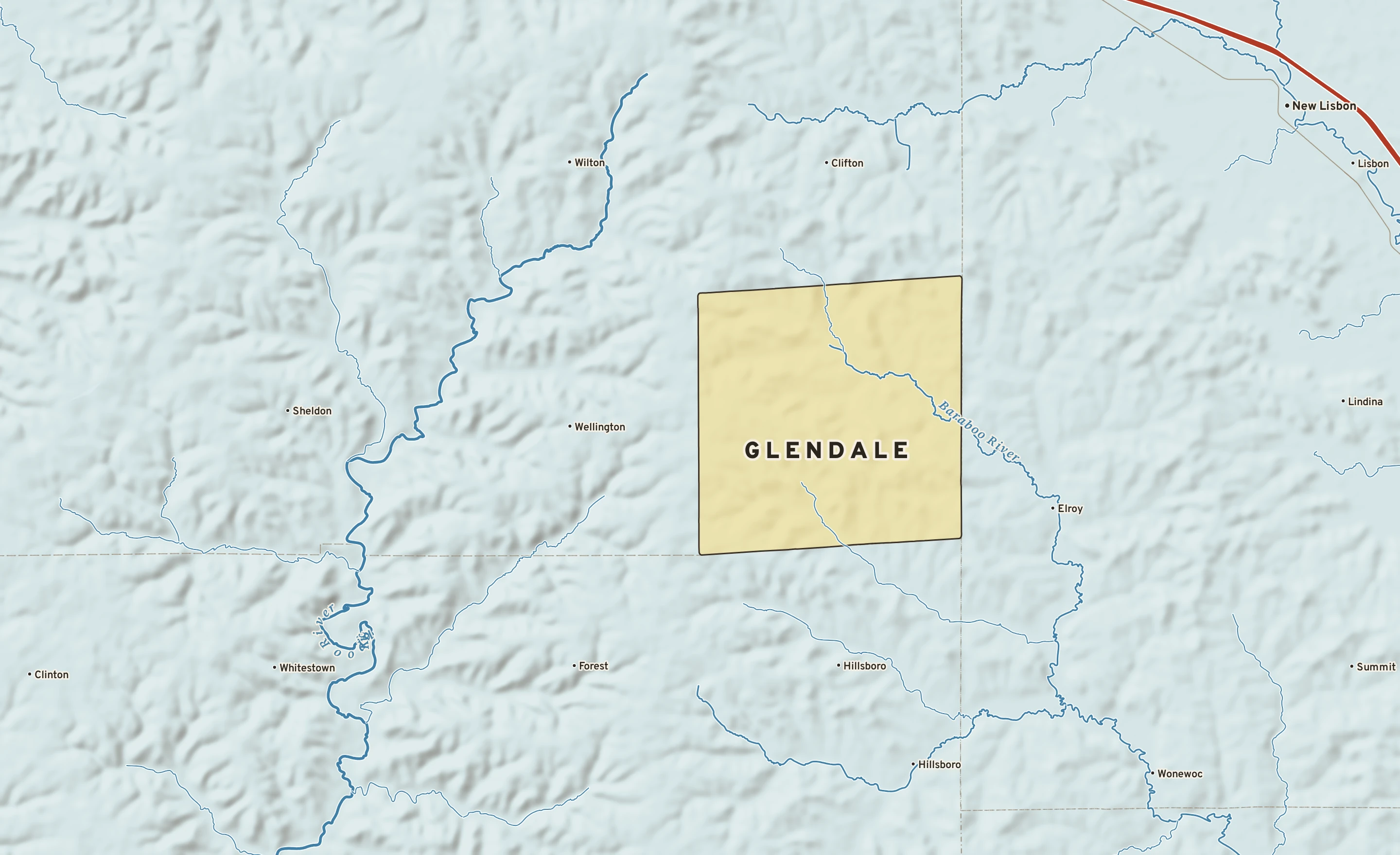 Shaded-relief atlas plate of Glendale, Wisconsin: rivers, roads, the city limits and where the water drains.