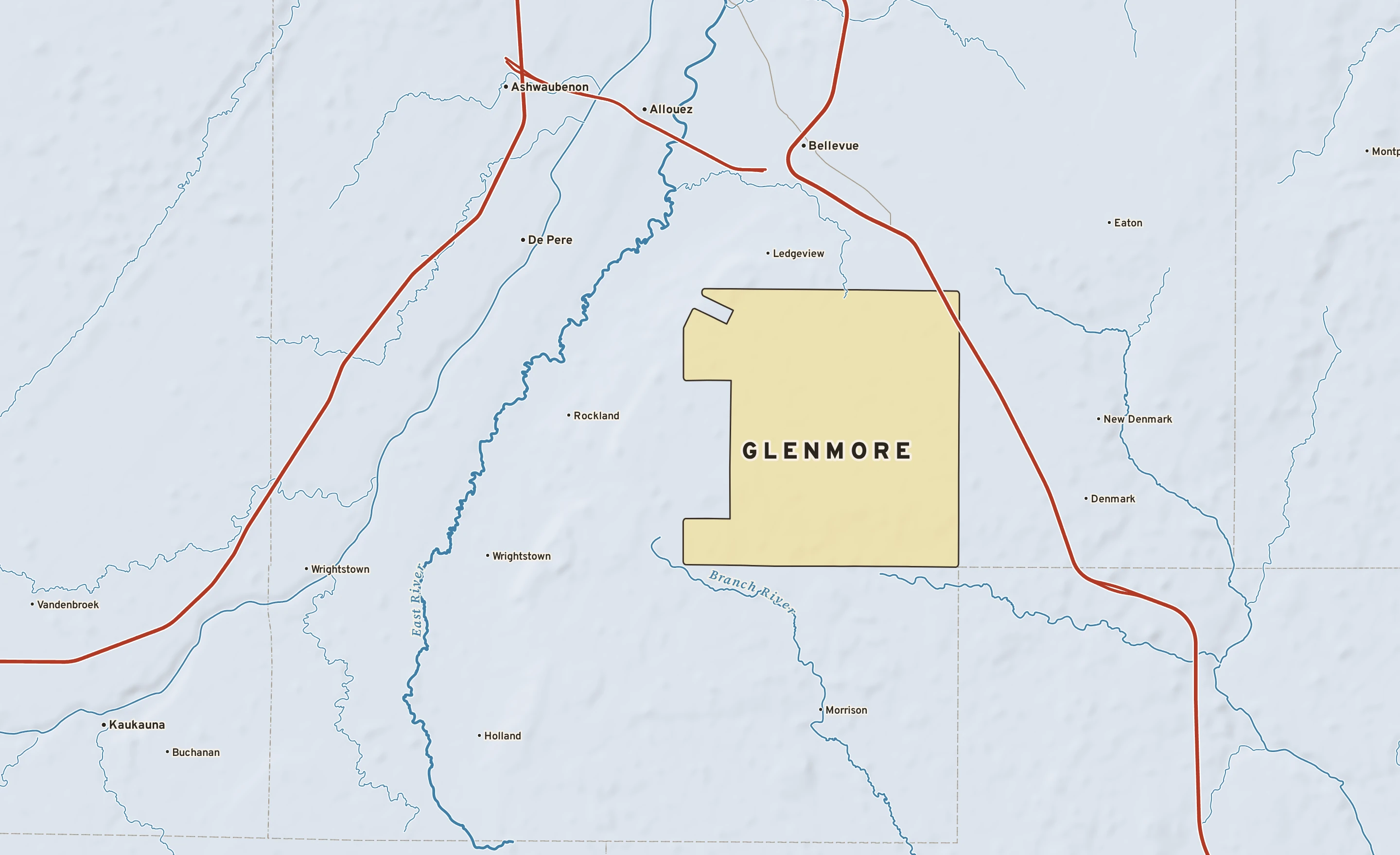 Shaded-relief atlas plate of Glenmore, Wisconsin: rivers, roads, the city limits and where the water drains.