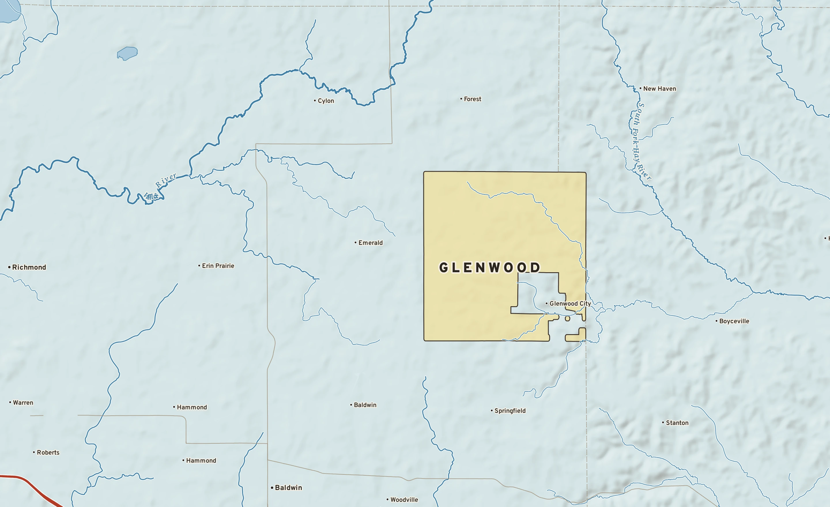 Shaded-relief atlas plate of Glenwood, Wisconsin: rivers, roads, the city limits and where the water drains.