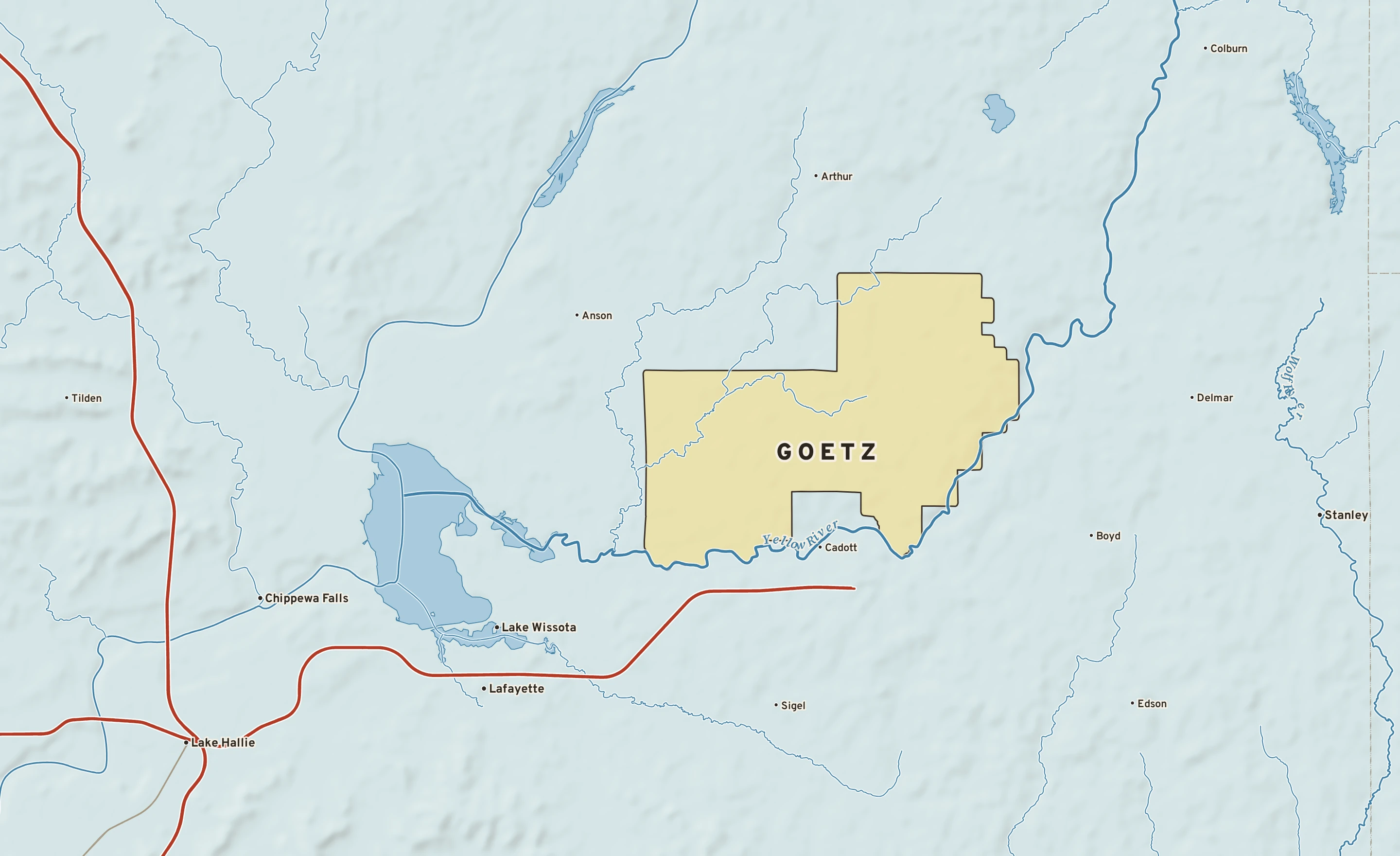 Shaded-relief atlas plate of Goetz, Wisconsin: rivers, roads, the city limits and where the water drains.
