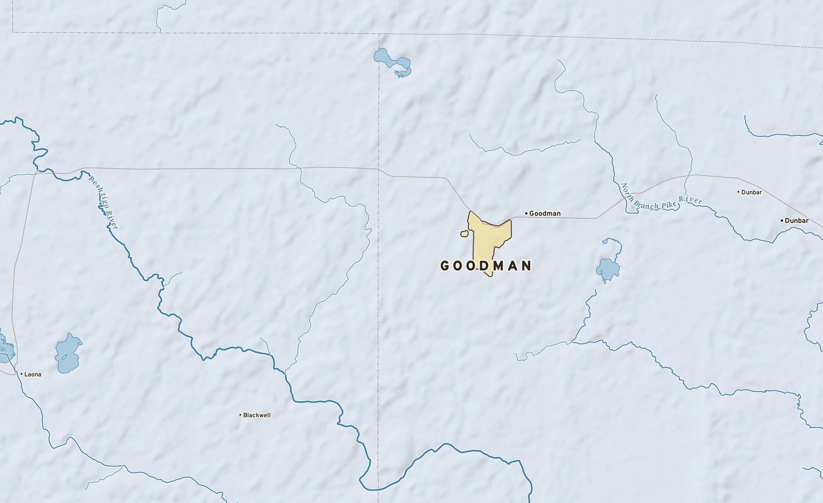 Shaded-relief atlas plate of Goodman, Wisconsin: rivers, roads, the city limits and where the water drains.