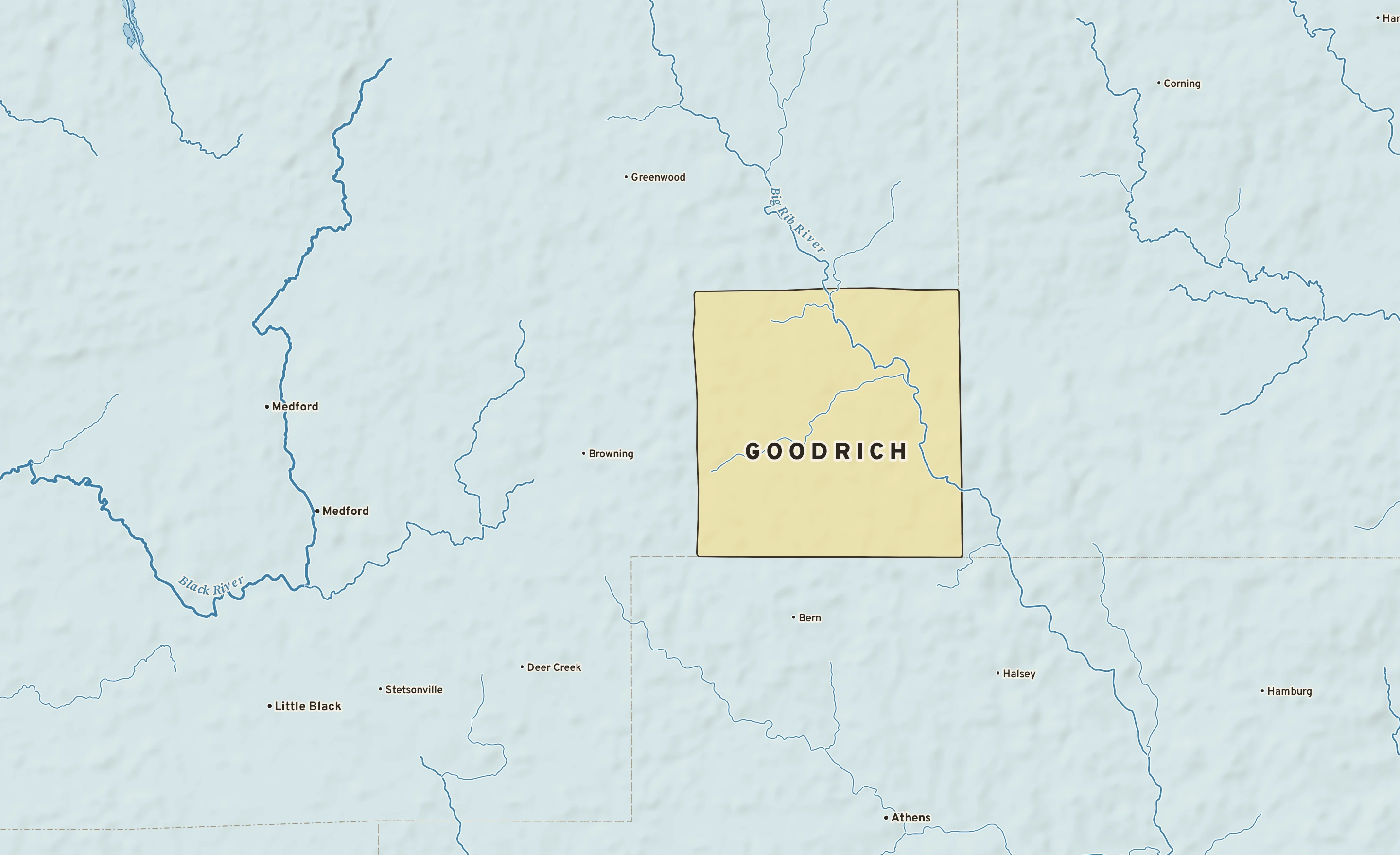 Shaded-relief atlas plate of Goodrich, Wisconsin: rivers, roads, the city limits and where the water drains.