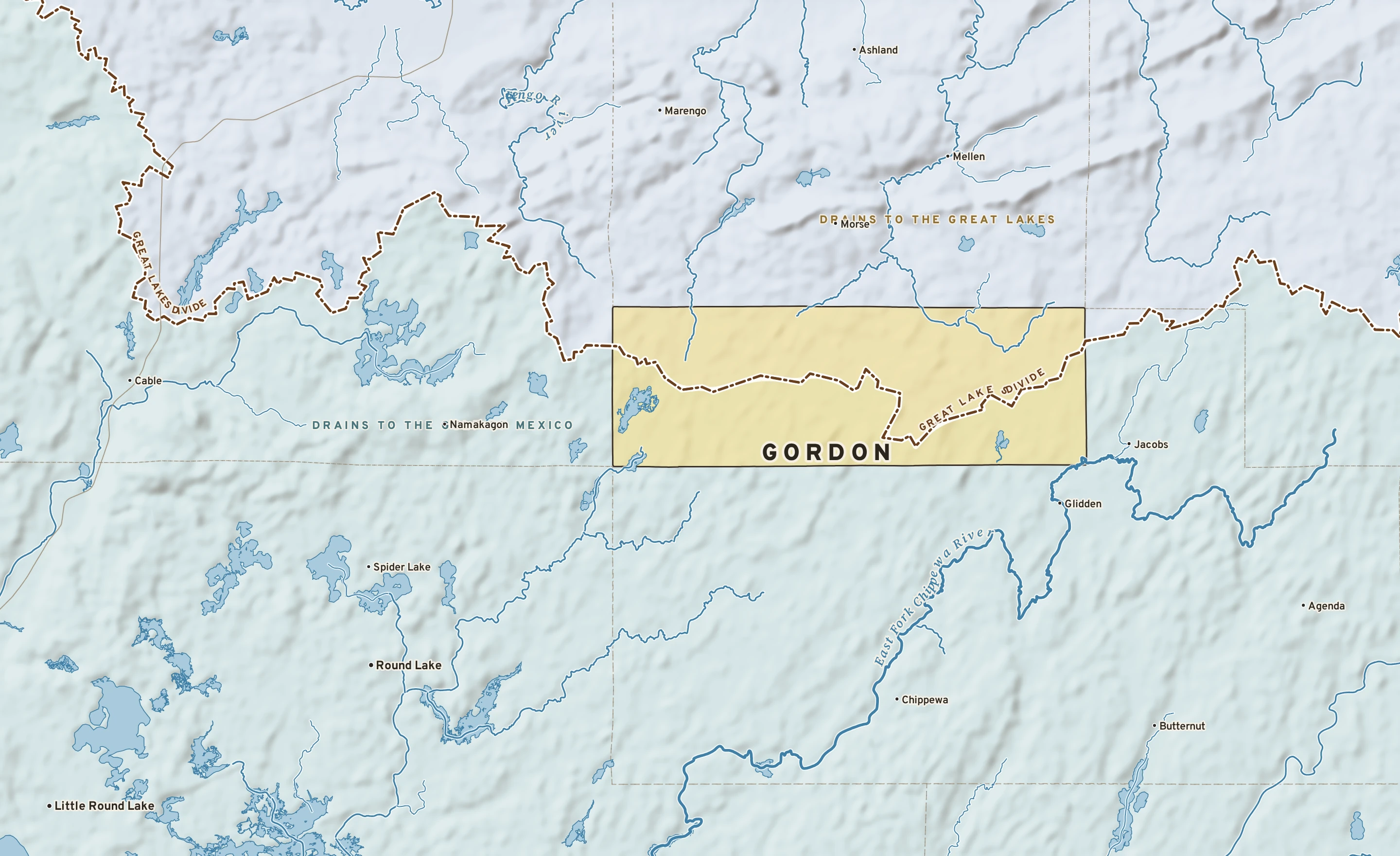 Shaded-relief atlas plate of Gordon, Wisconsin: rivers, roads, the city limits and where the water drains.
