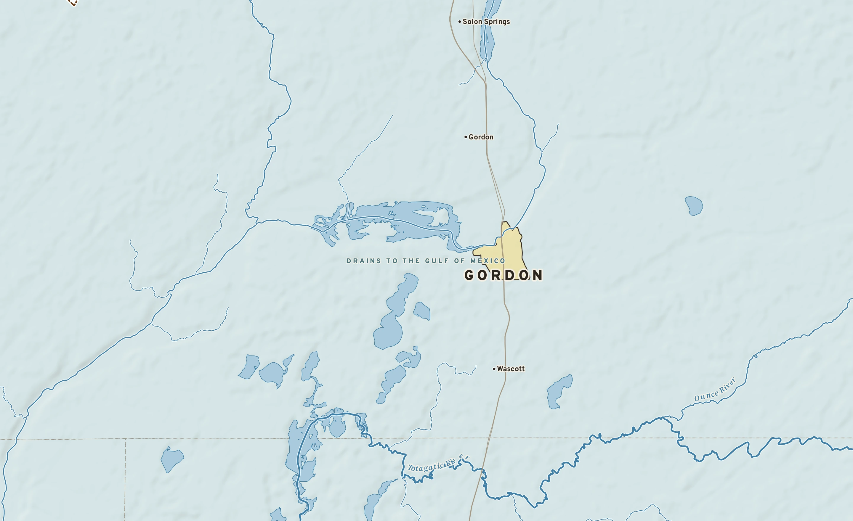 Shaded-relief atlas plate of Gordon, Wisconsin: rivers, roads, the city limits and where the water drains.