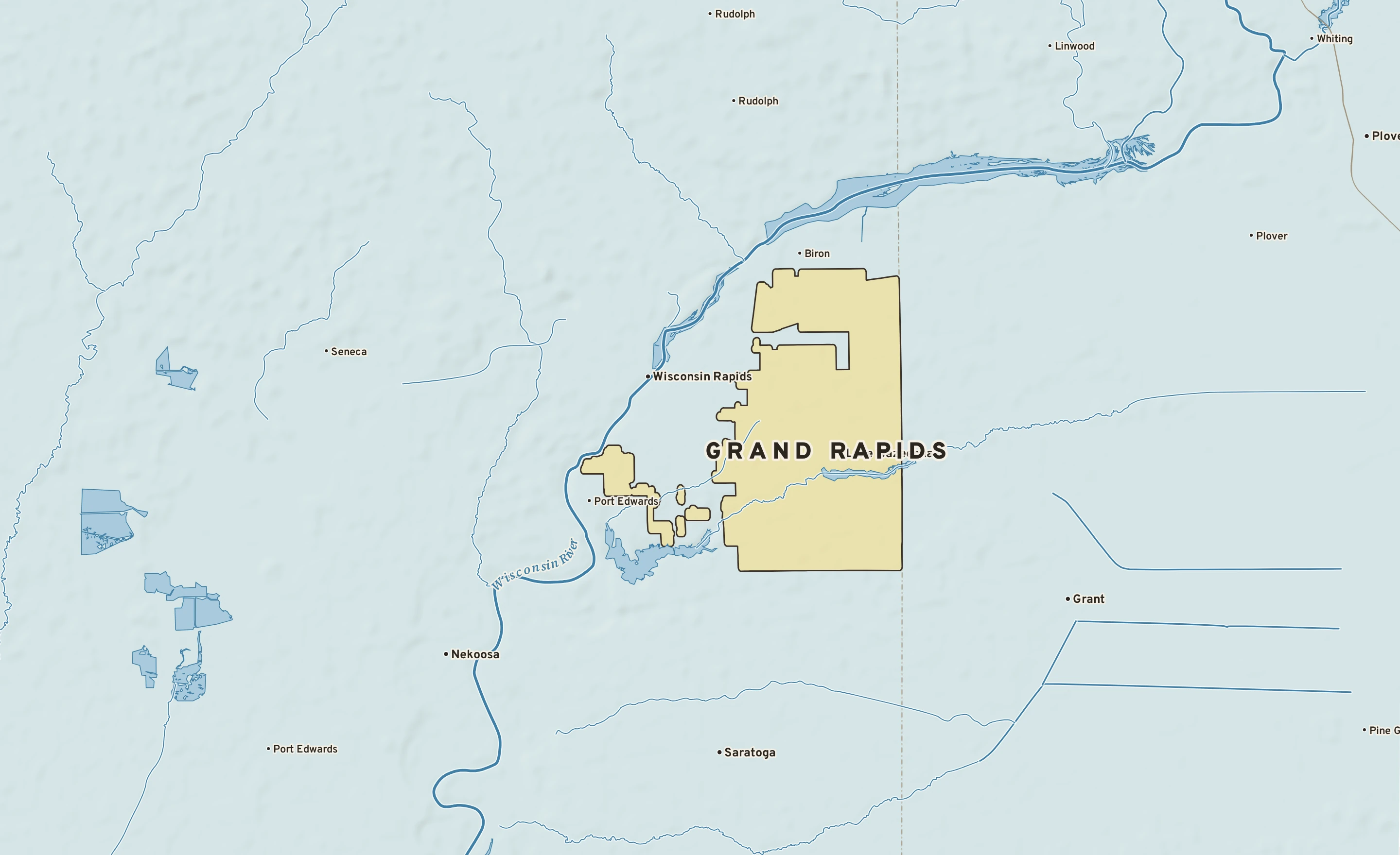 Shaded-relief atlas plate of Grand Rapids, Wisconsin: rivers, roads, the city limits and where the water drains.
