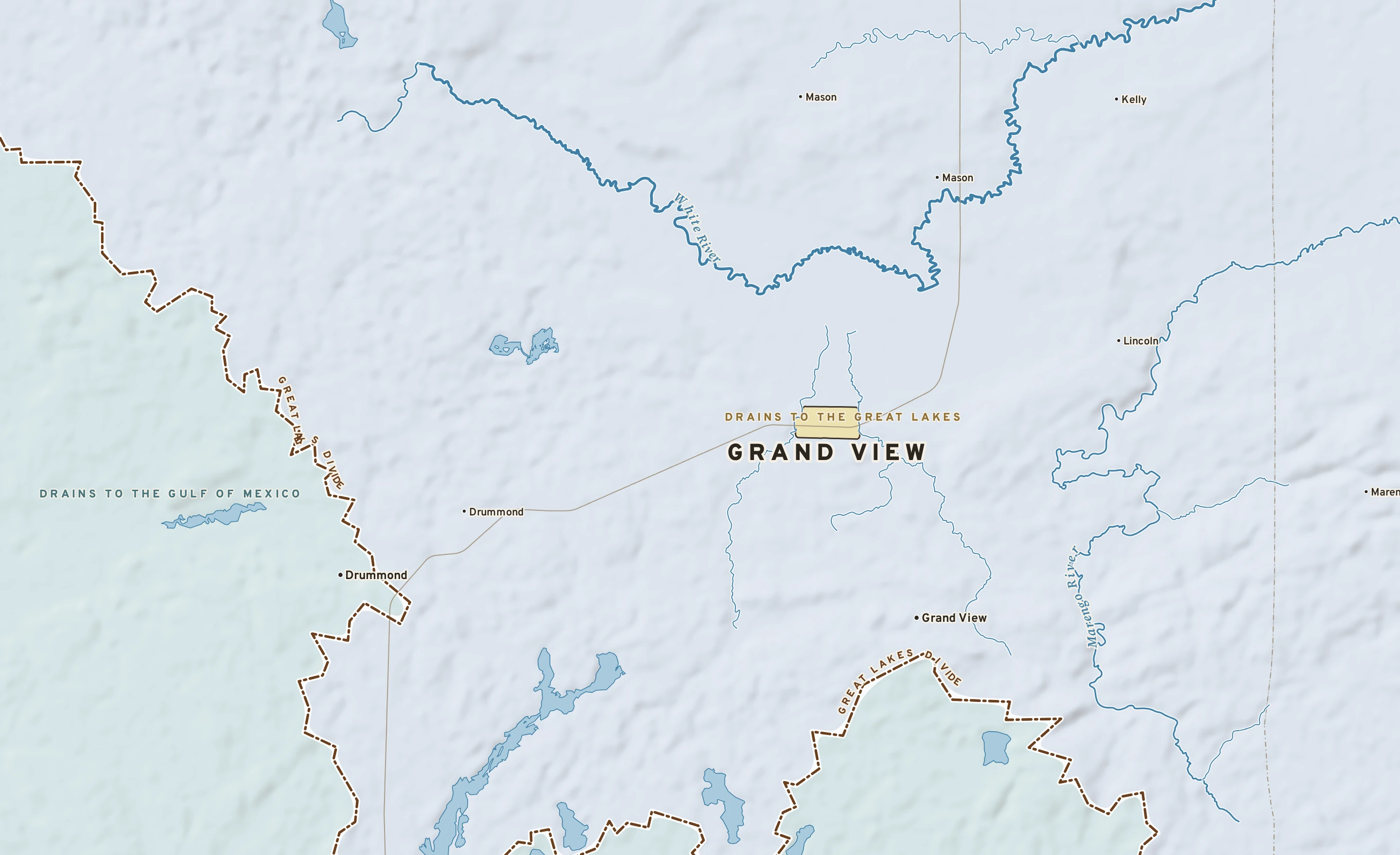 Shaded-relief atlas plate of Grand View, Wisconsin: rivers, roads, the city limits and where the water drains.