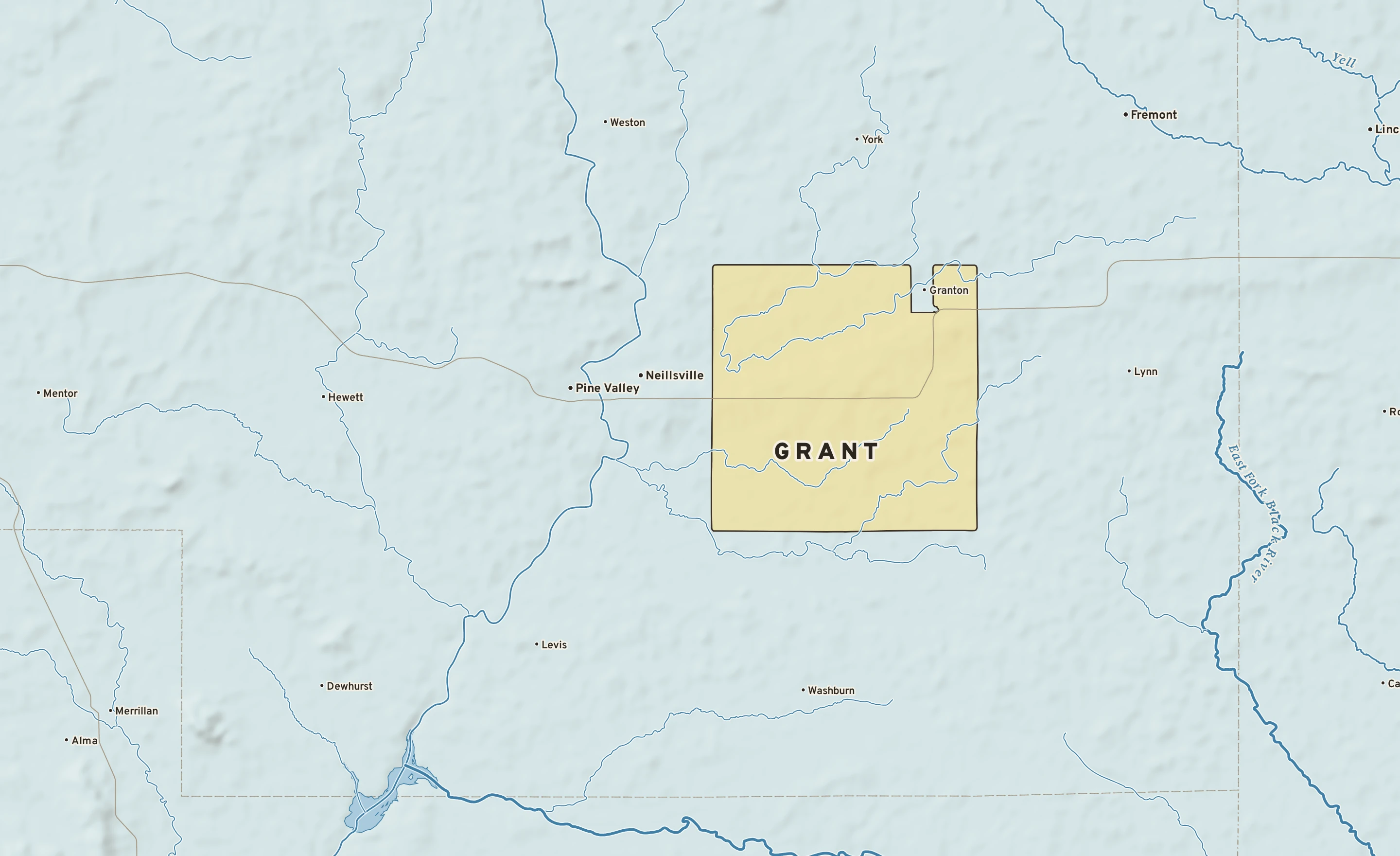 Shaded-relief atlas plate of Grant, Wisconsin: rivers, roads, the city limits and where the water drains.
