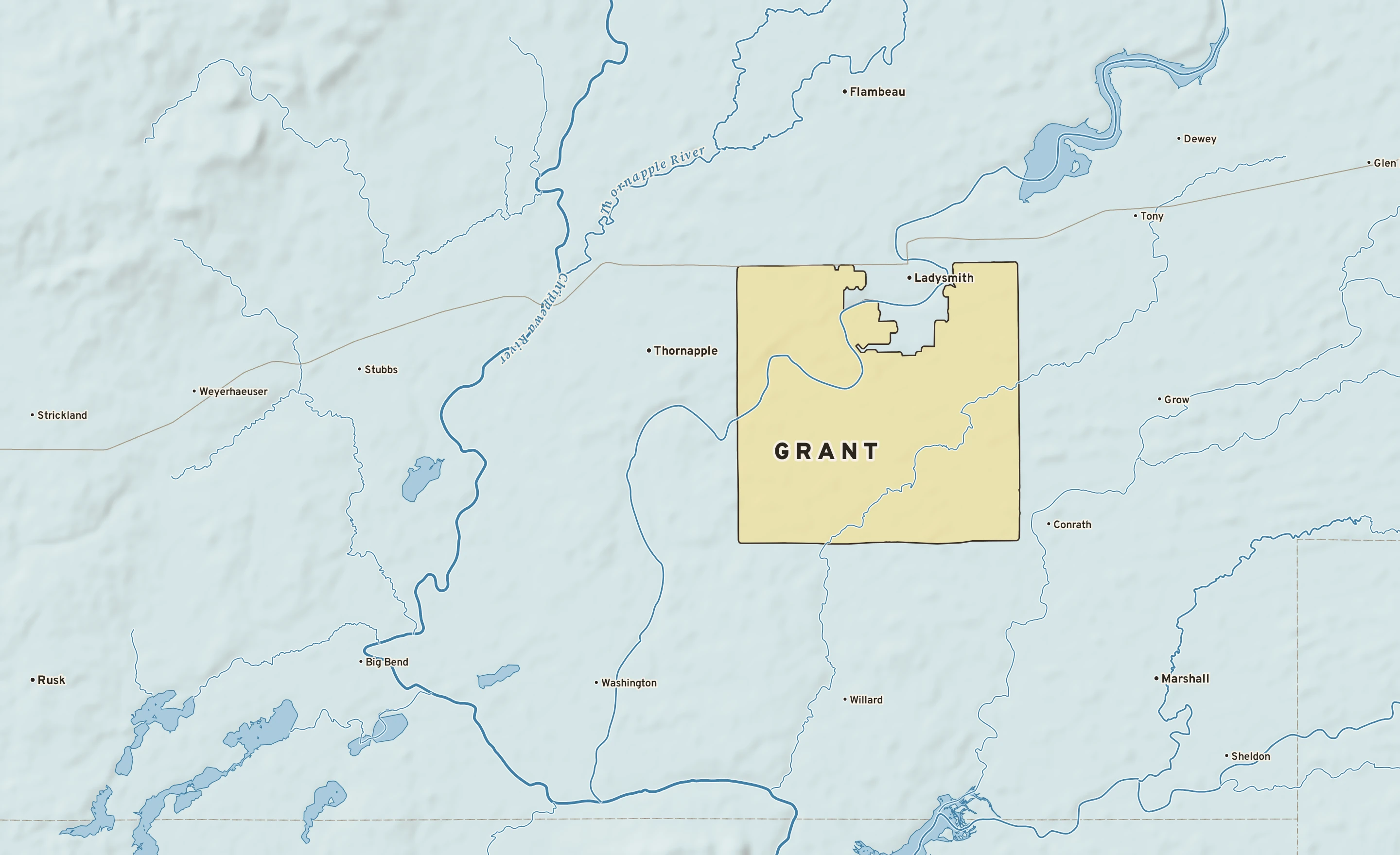 Shaded-relief atlas plate of Grant, Wisconsin: rivers, roads, the city limits and where the water drains.