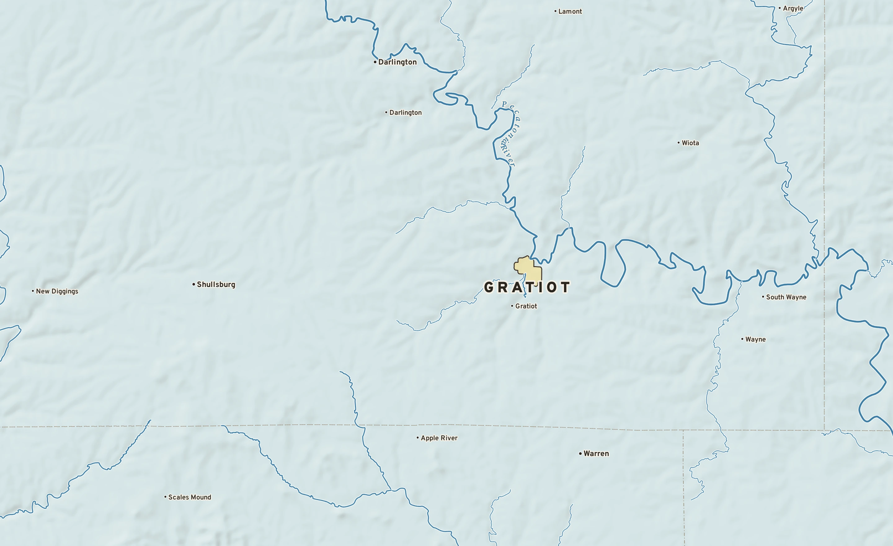 Shaded-relief atlas plate of Gratiot, Wisconsin: rivers, roads, the city limits and where the water drains.