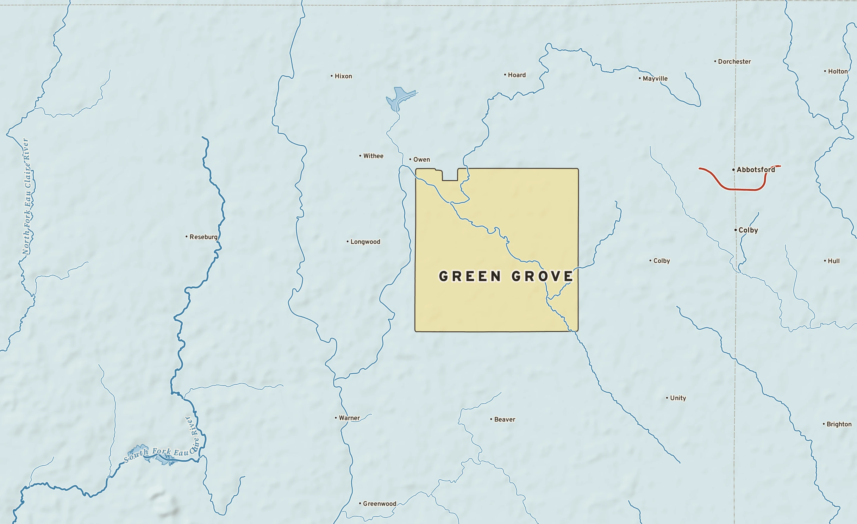 Shaded-relief atlas plate of Green Grove, Wisconsin: rivers, roads, the city limits and where the water drains.