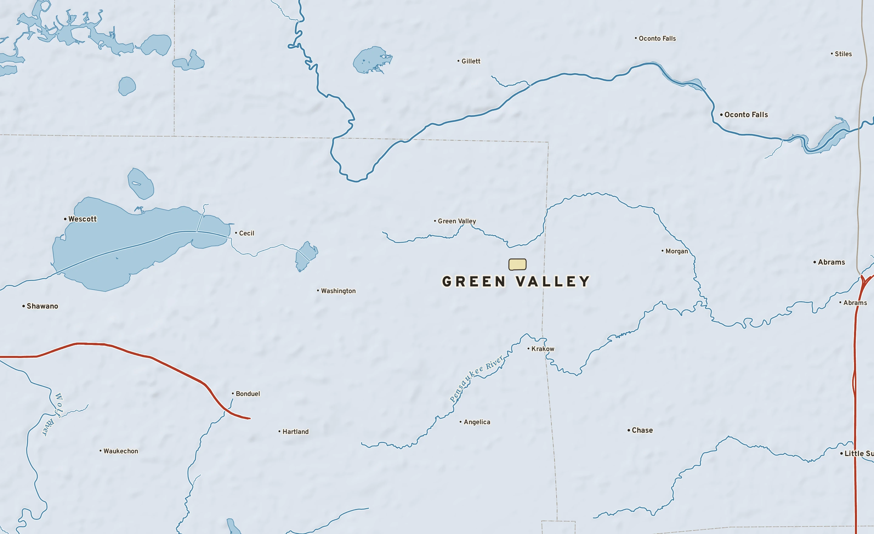 Shaded-relief atlas plate of Green Valley, Wisconsin: rivers, roads, the city limits and where the water drains.
