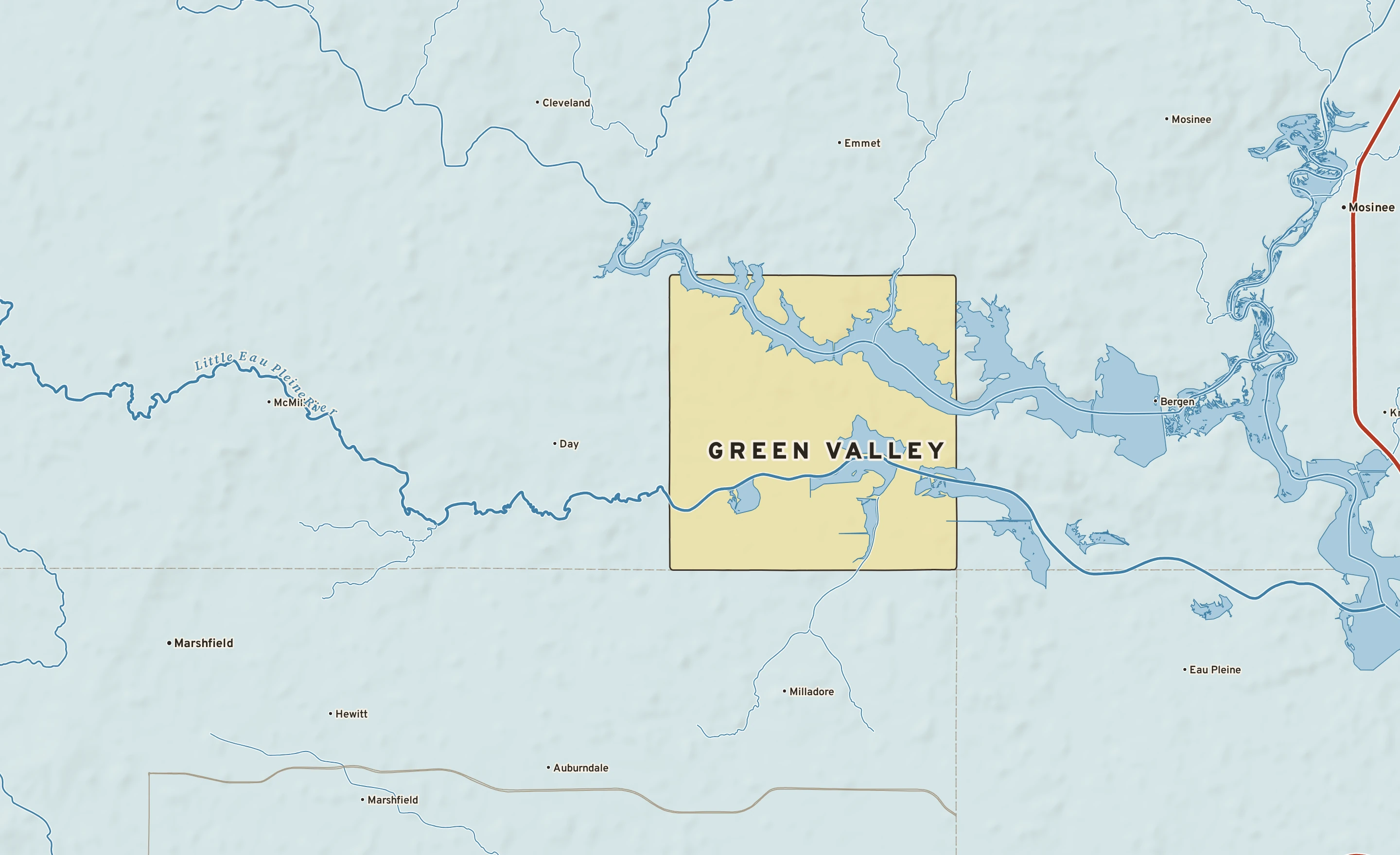 Shaded-relief atlas plate of Green Valley, Wisconsin: rivers, roads, the city limits and where the water drains.
