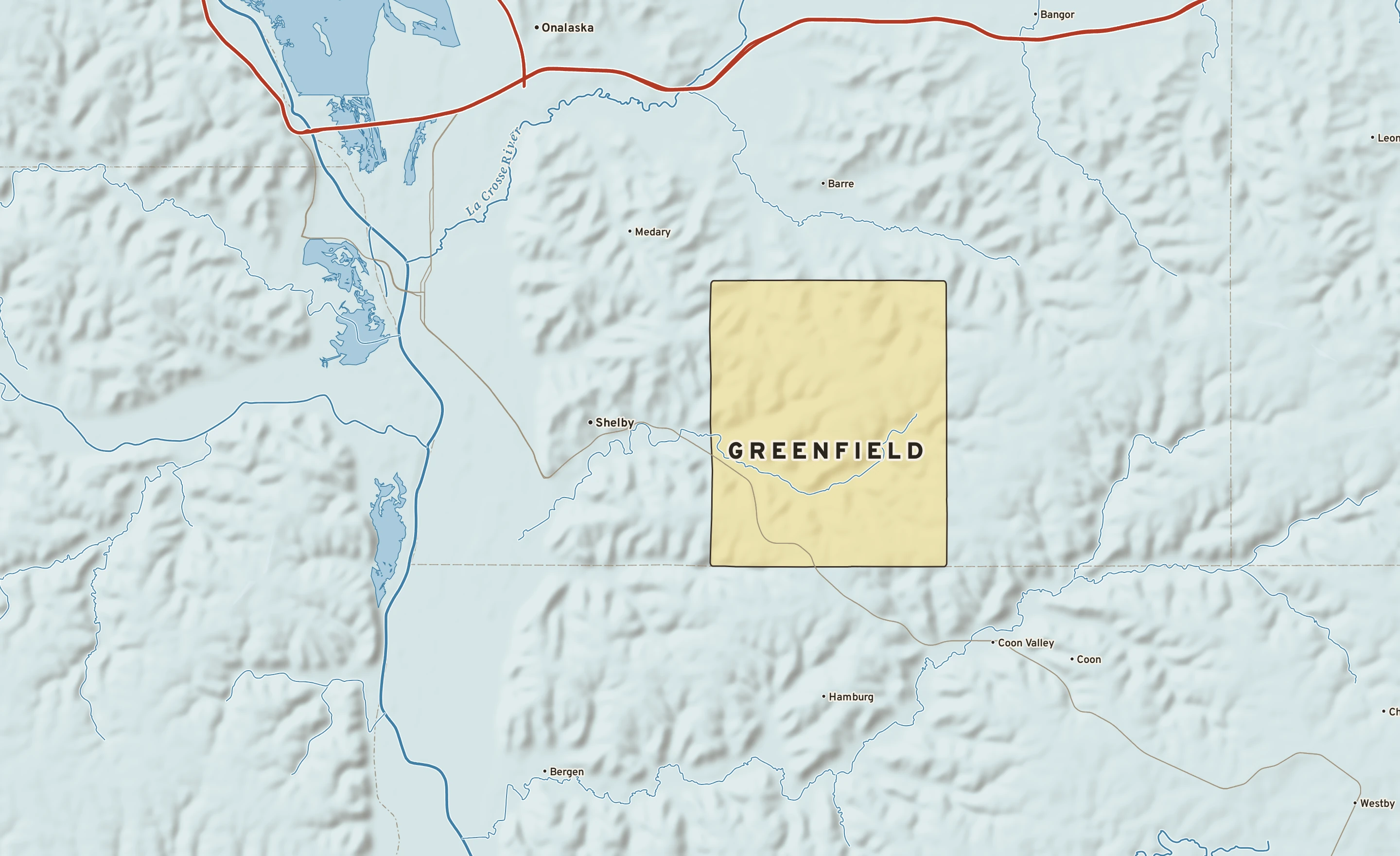 Shaded-relief atlas plate of Greenfield, Wisconsin: rivers, roads, the city limits and where the water drains.