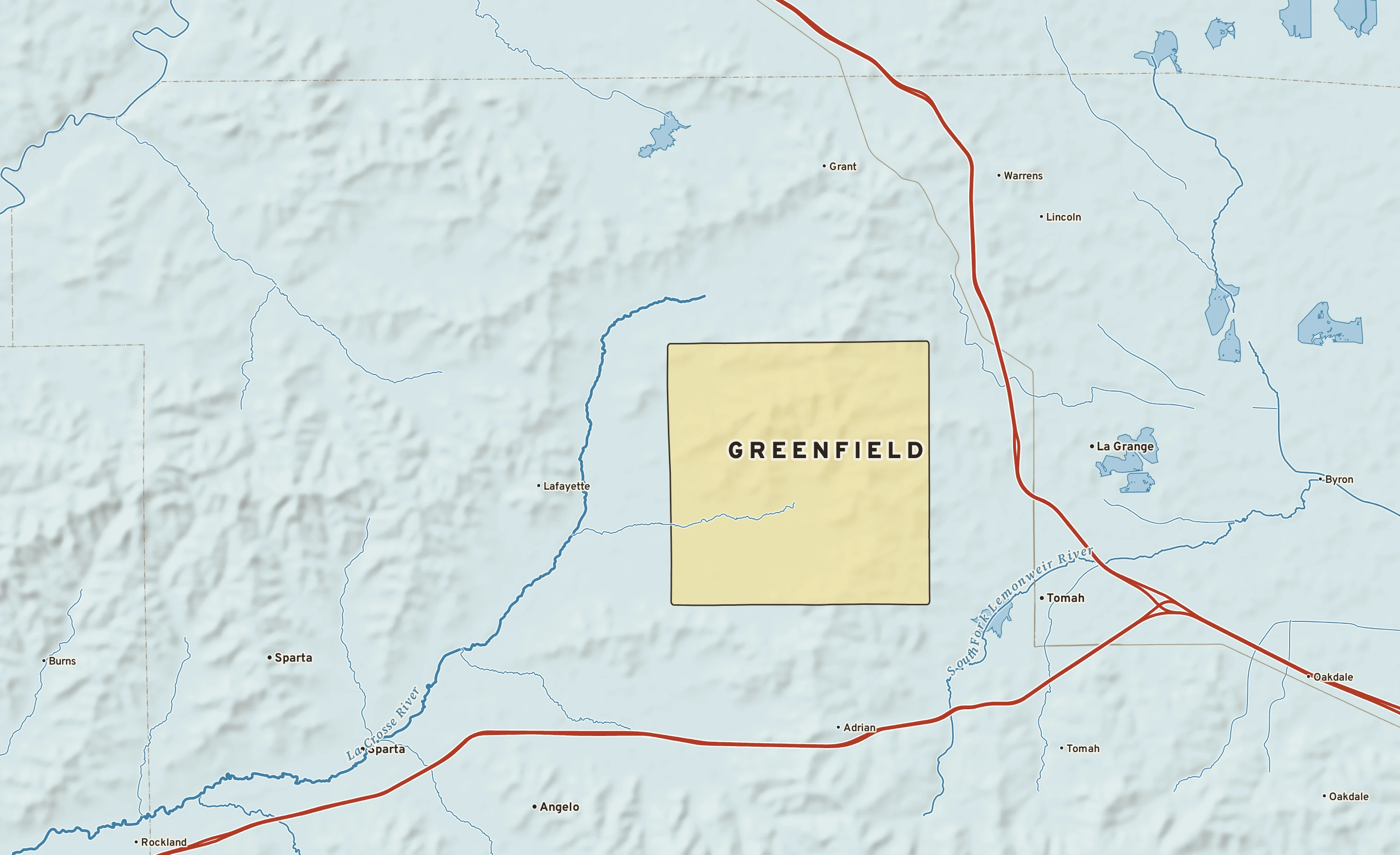 Shaded-relief atlas plate of Greenfield, Wisconsin: rivers, roads, the city limits and where the water drains.