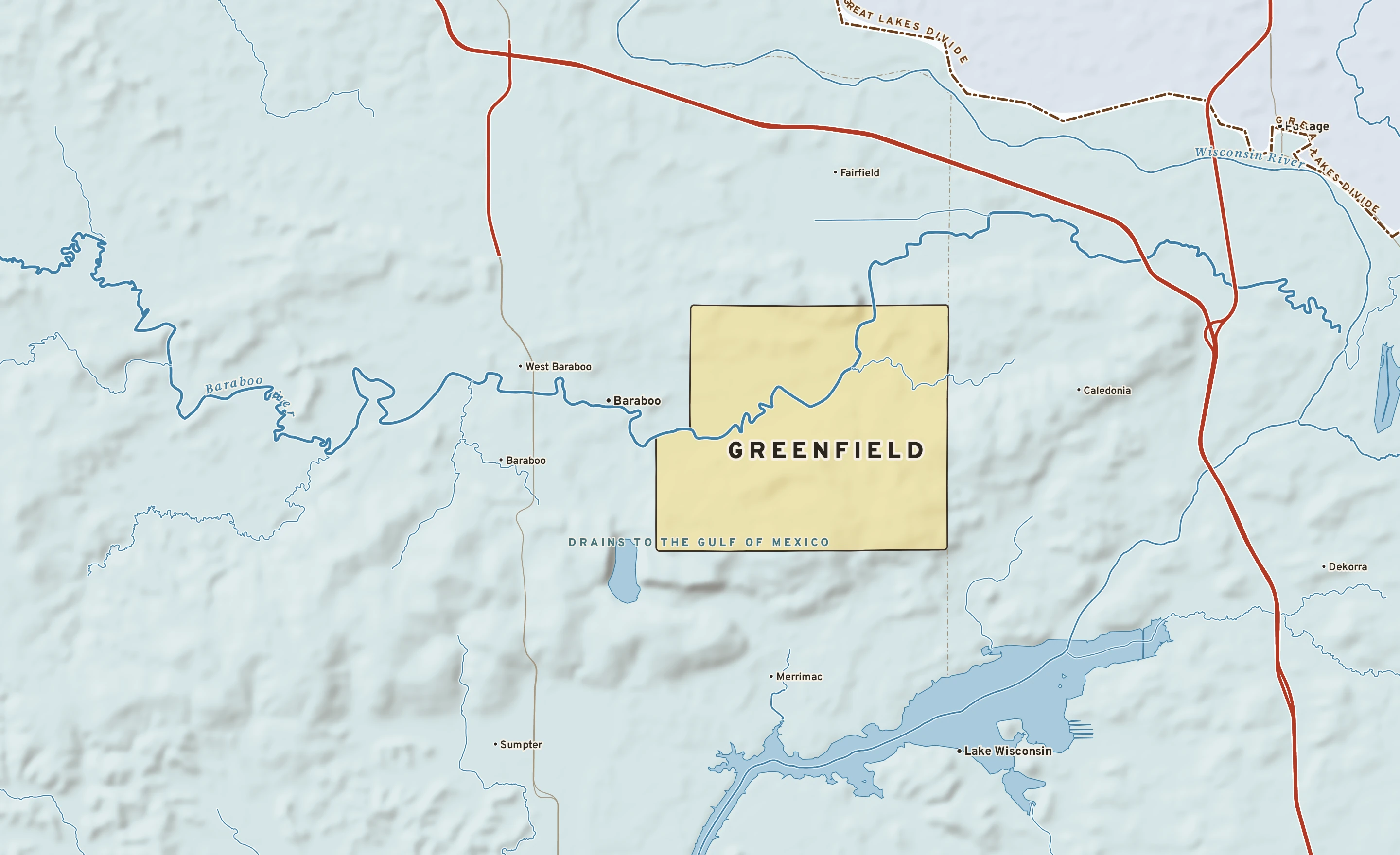 Shaded-relief atlas plate of Greenfield, Wisconsin: rivers, roads, the city limits and where the water drains.