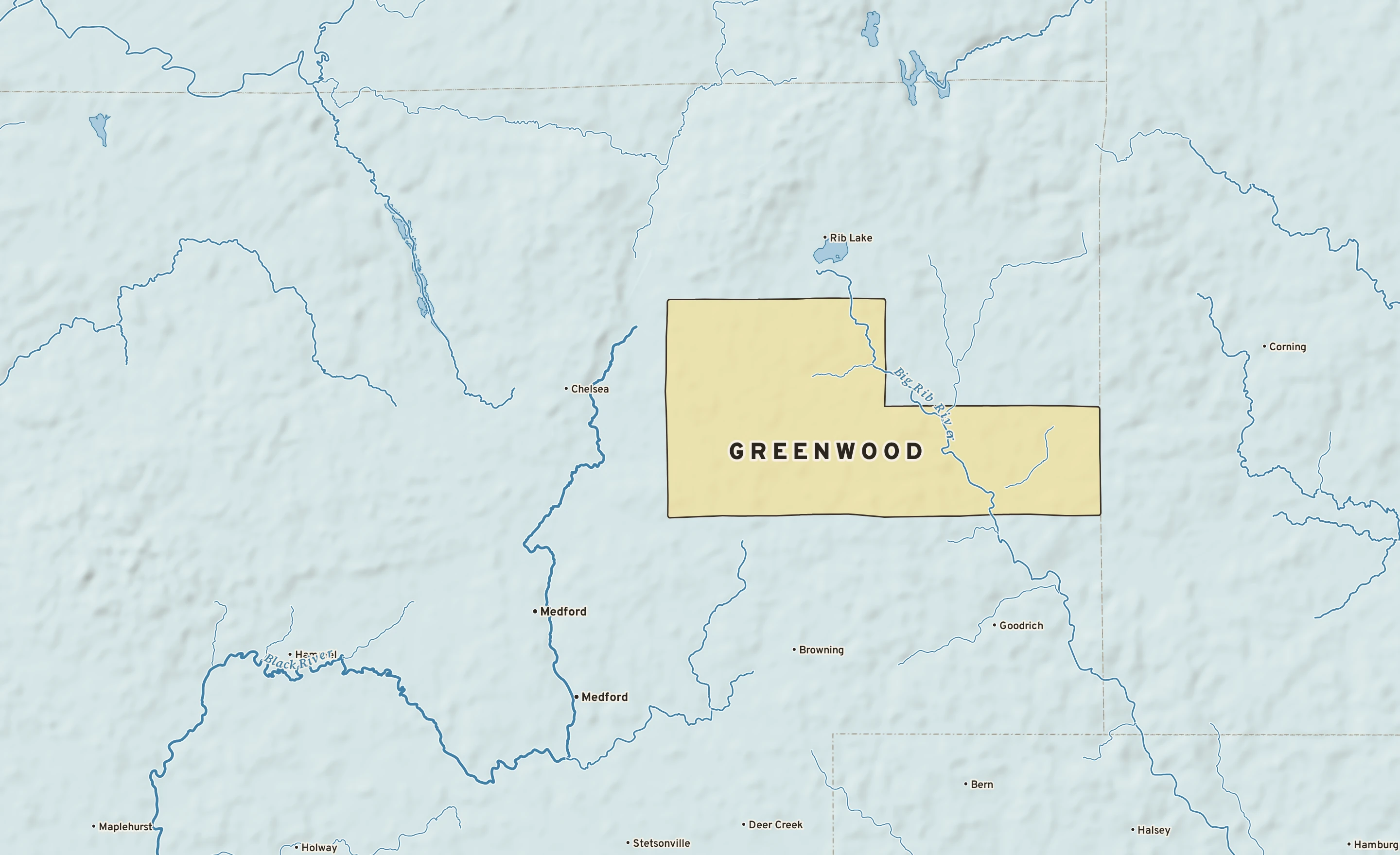 Shaded-relief atlas plate of Greenwood, Wisconsin: rivers, roads, the city limits and where the water drains.