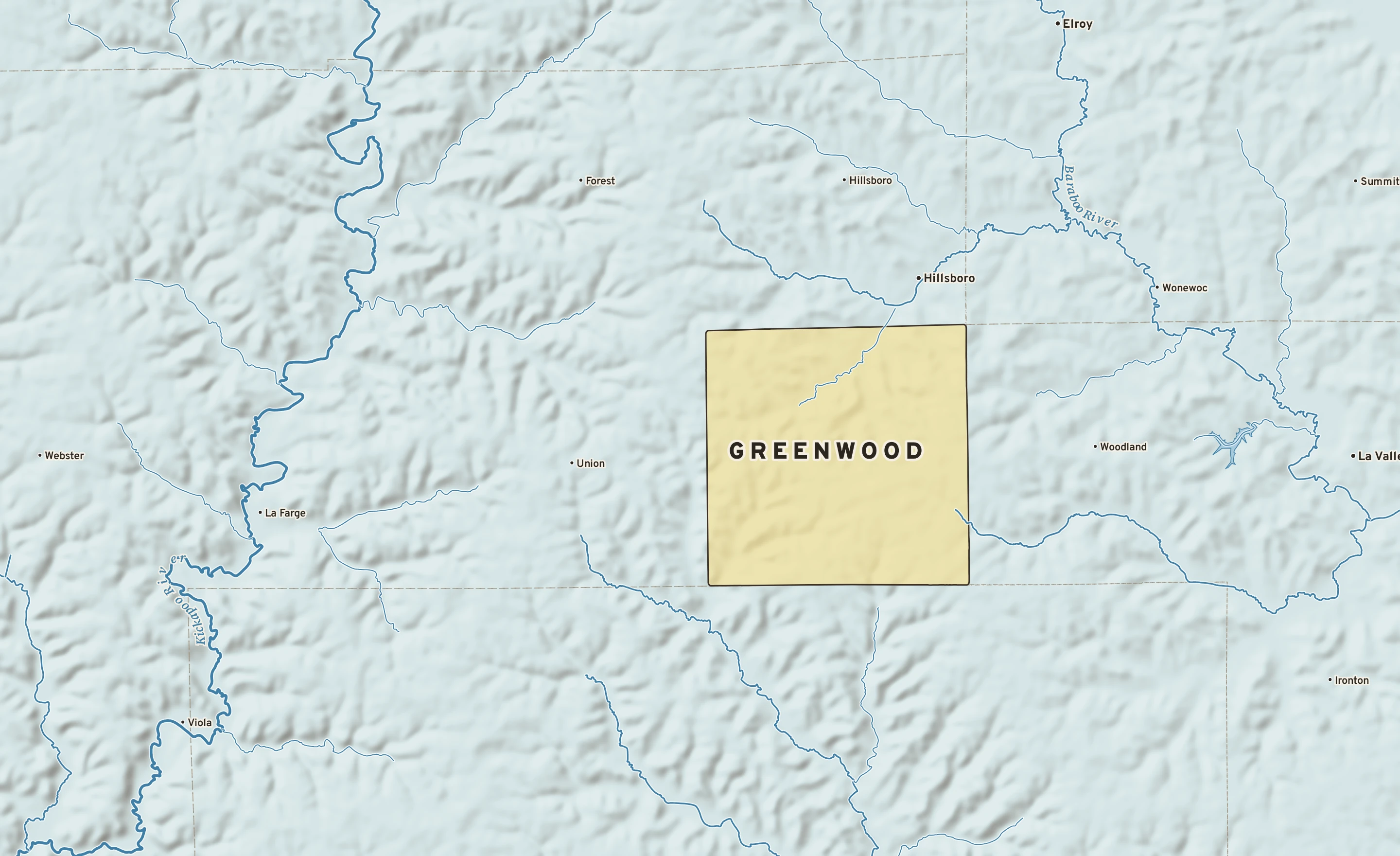 Shaded-relief atlas plate of Greenwood, Wisconsin: rivers, roads, the city limits and where the water drains.