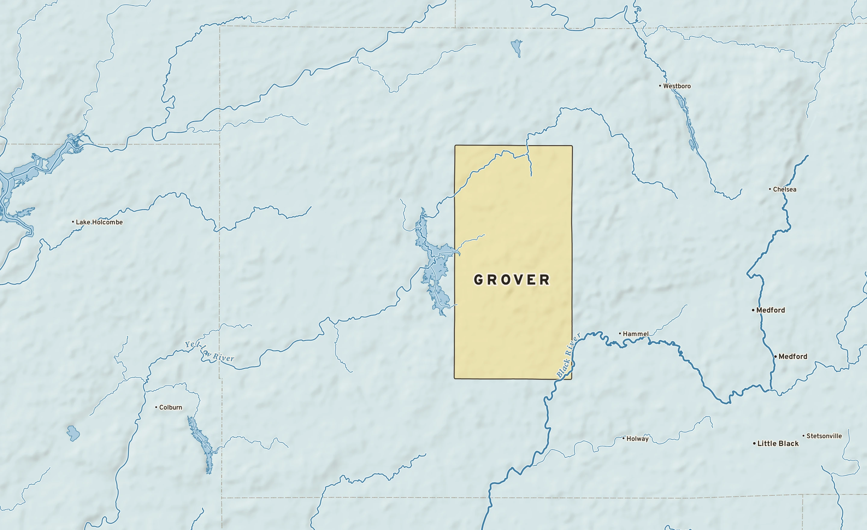 Shaded-relief atlas plate of Grover, Wisconsin: rivers, roads, the city limits and where the water drains.