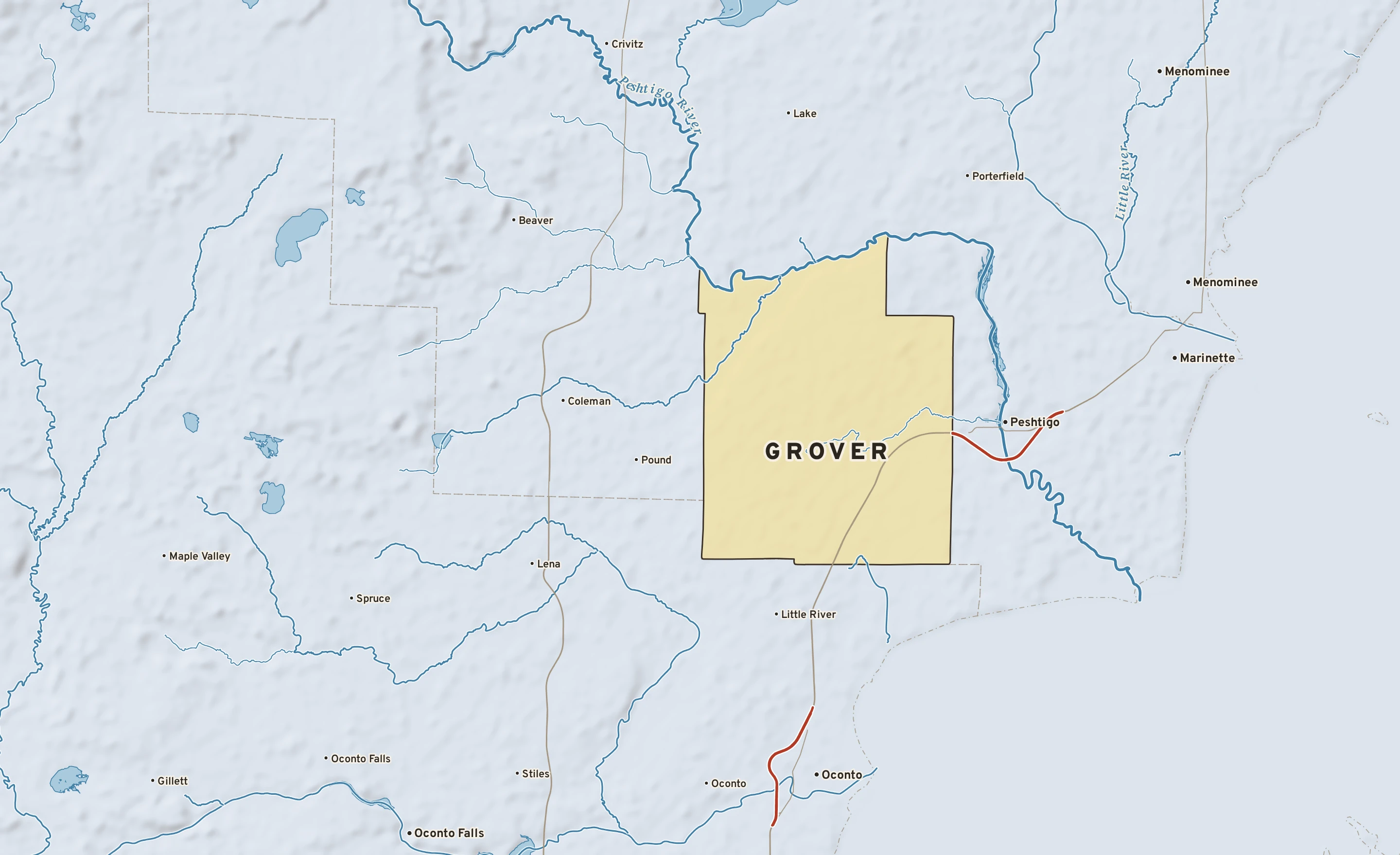 Shaded-relief atlas plate of Grover, Wisconsin: rivers, roads, the city limits and where the water drains.