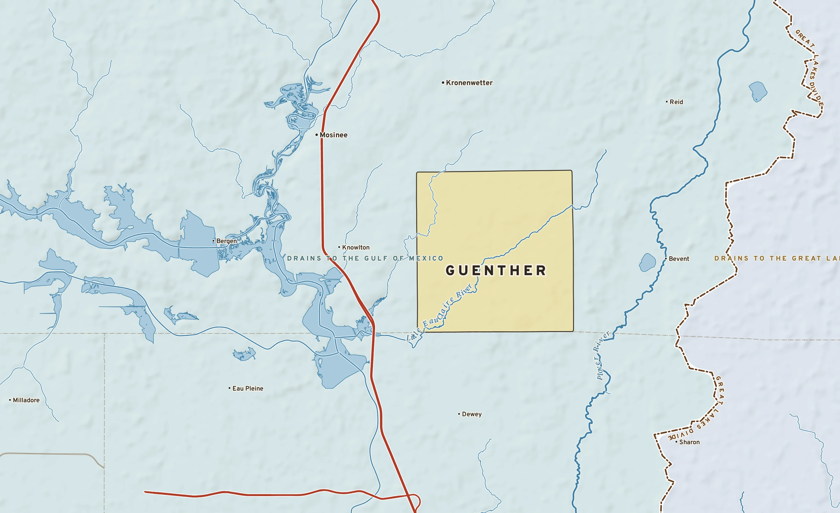 Shaded-relief atlas plate of Guenther, Wisconsin: rivers, roads, the city limits and where the water drains.
