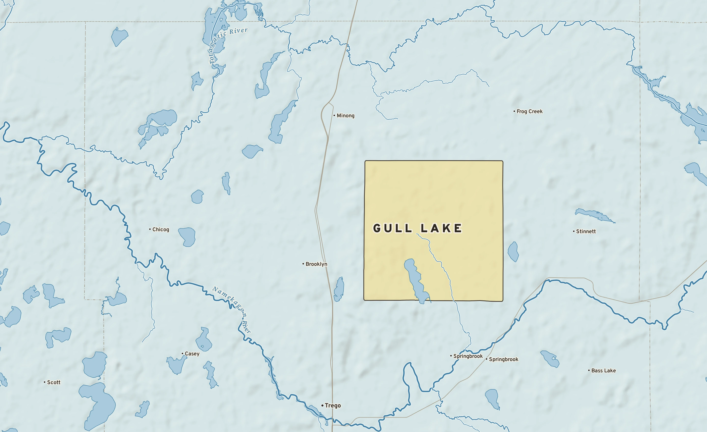 Shaded-relief atlas plate of Gull Lake, Wisconsin: rivers, roads, the city limits and where the water drains.