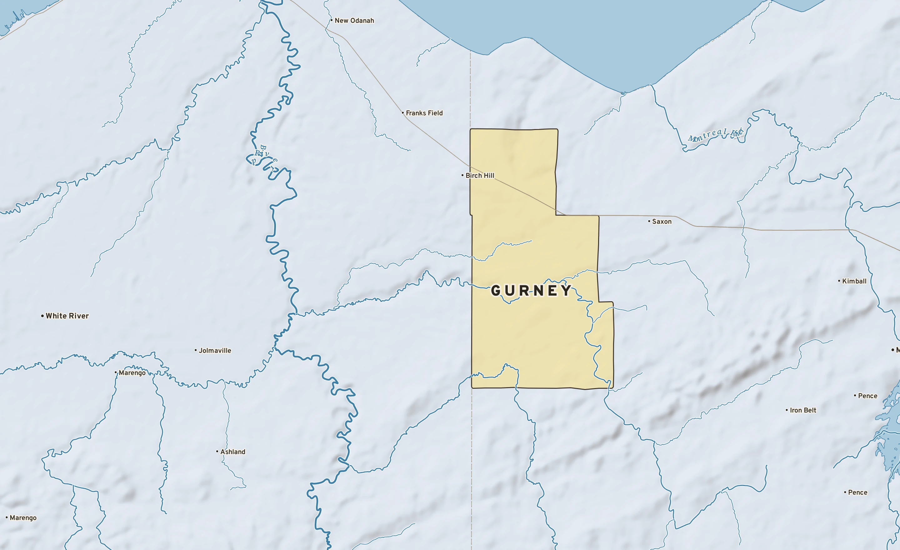 Shaded-relief atlas plate of Gurney, Wisconsin: rivers, roads, the city limits and where the water drains.
