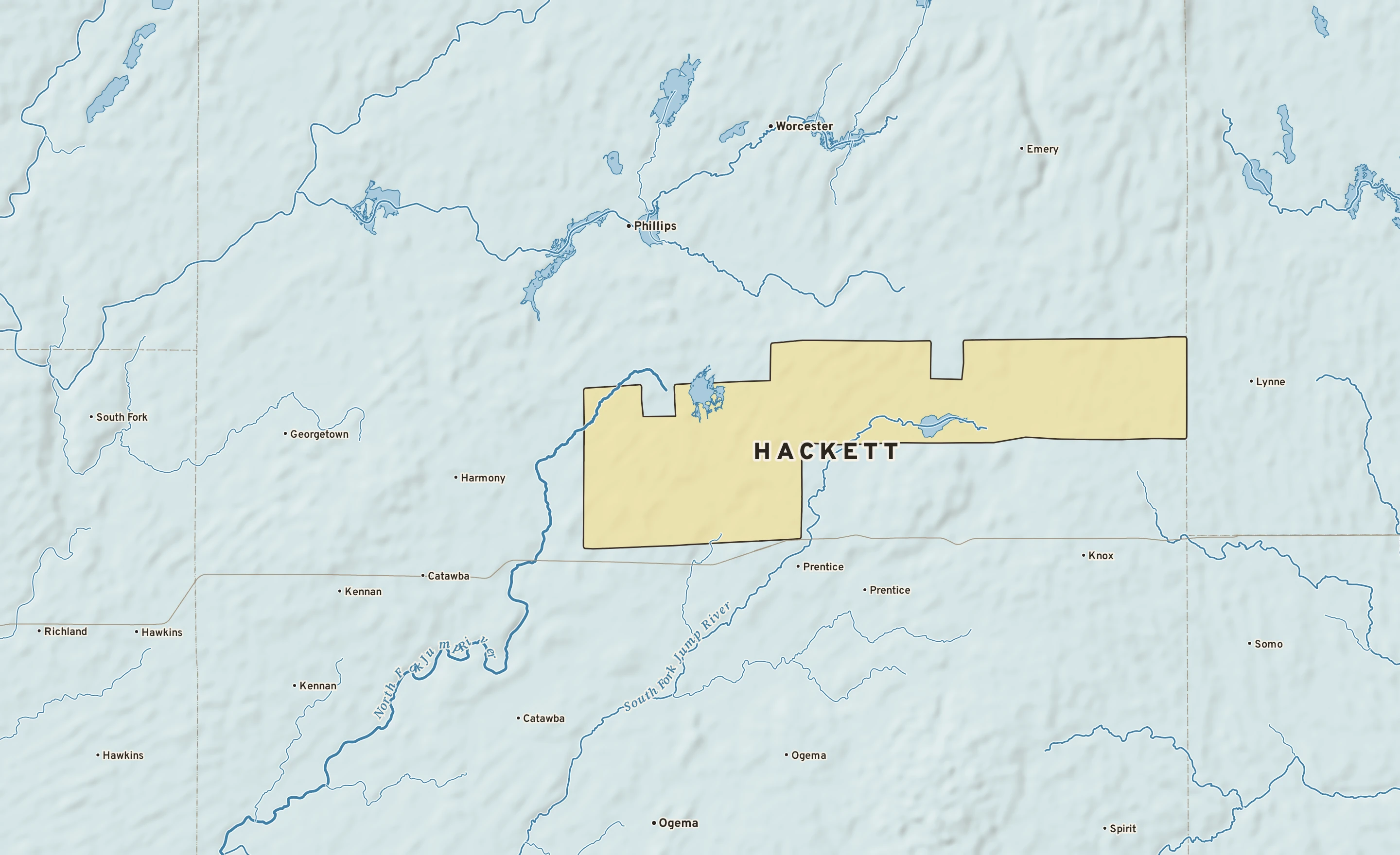 Shaded-relief atlas plate of Hackett, Wisconsin: rivers, roads, the city limits and where the water drains.