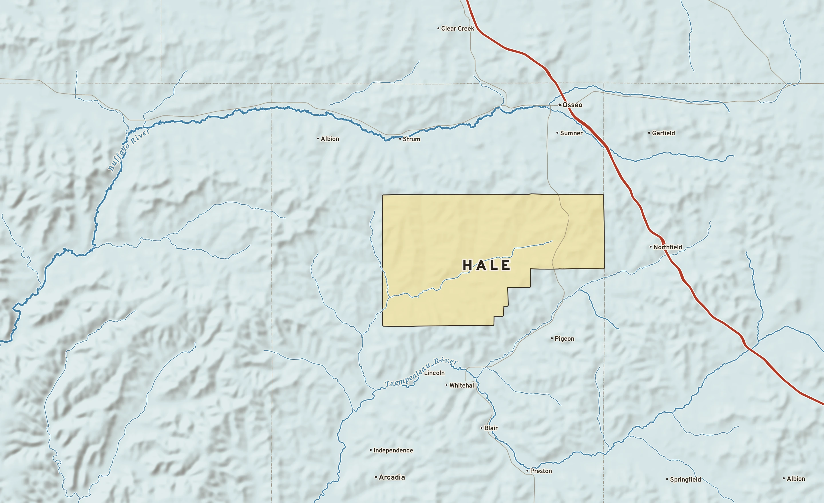 Shaded-relief atlas plate of Hale, Wisconsin: rivers, roads, the city limits and where the water drains.