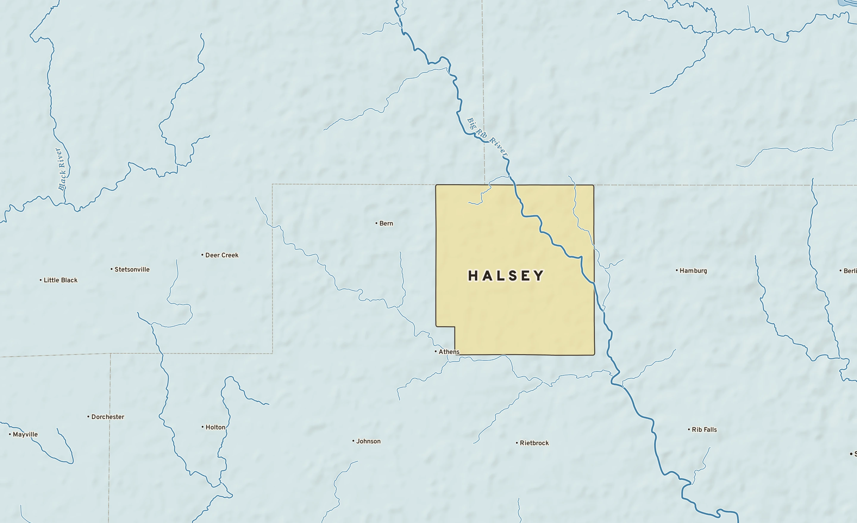 Shaded-relief atlas plate of Halsey, Wisconsin: rivers, roads, the city limits and where the water drains.