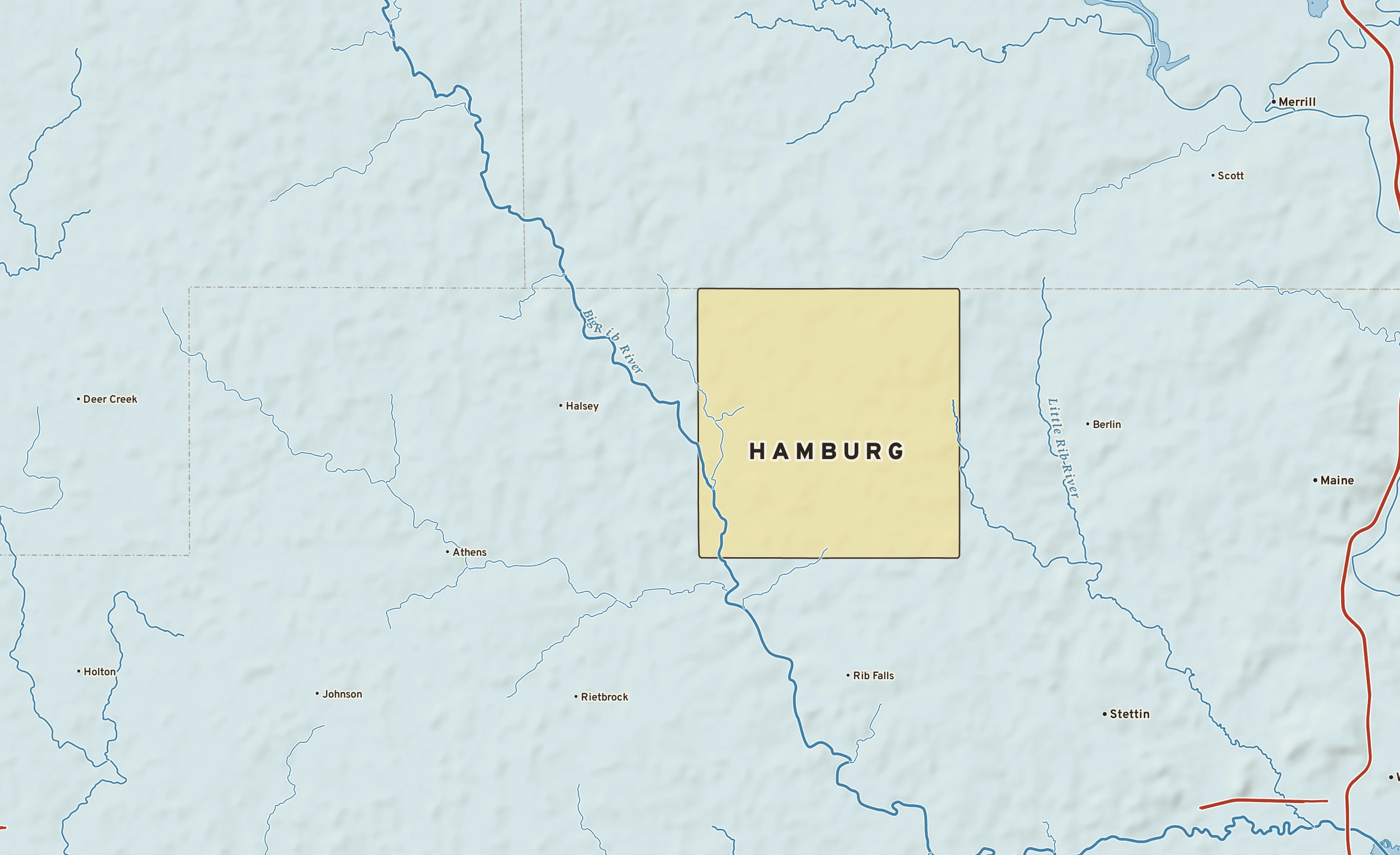 Shaded-relief atlas plate of Hamburg, Wisconsin: rivers, roads, the city limits and where the water drains.