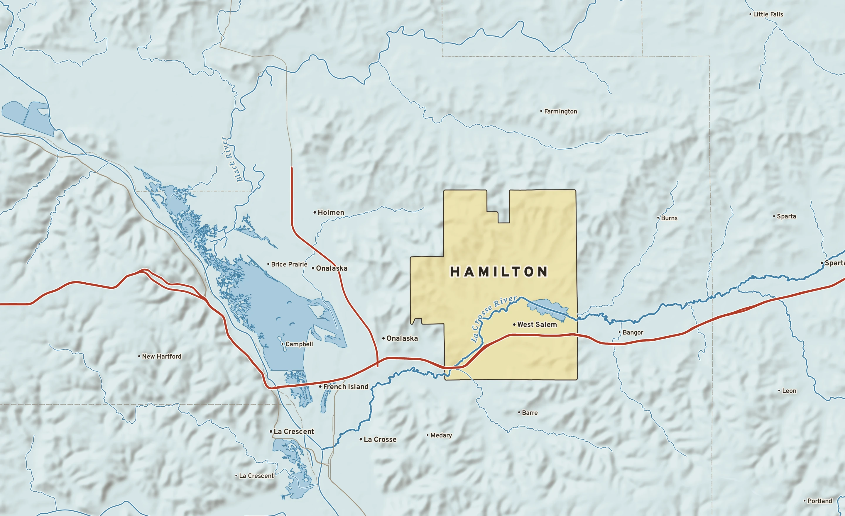 Shaded-relief atlas plate of Hamilton, Wisconsin: rivers, roads, the city limits and where the water drains.
