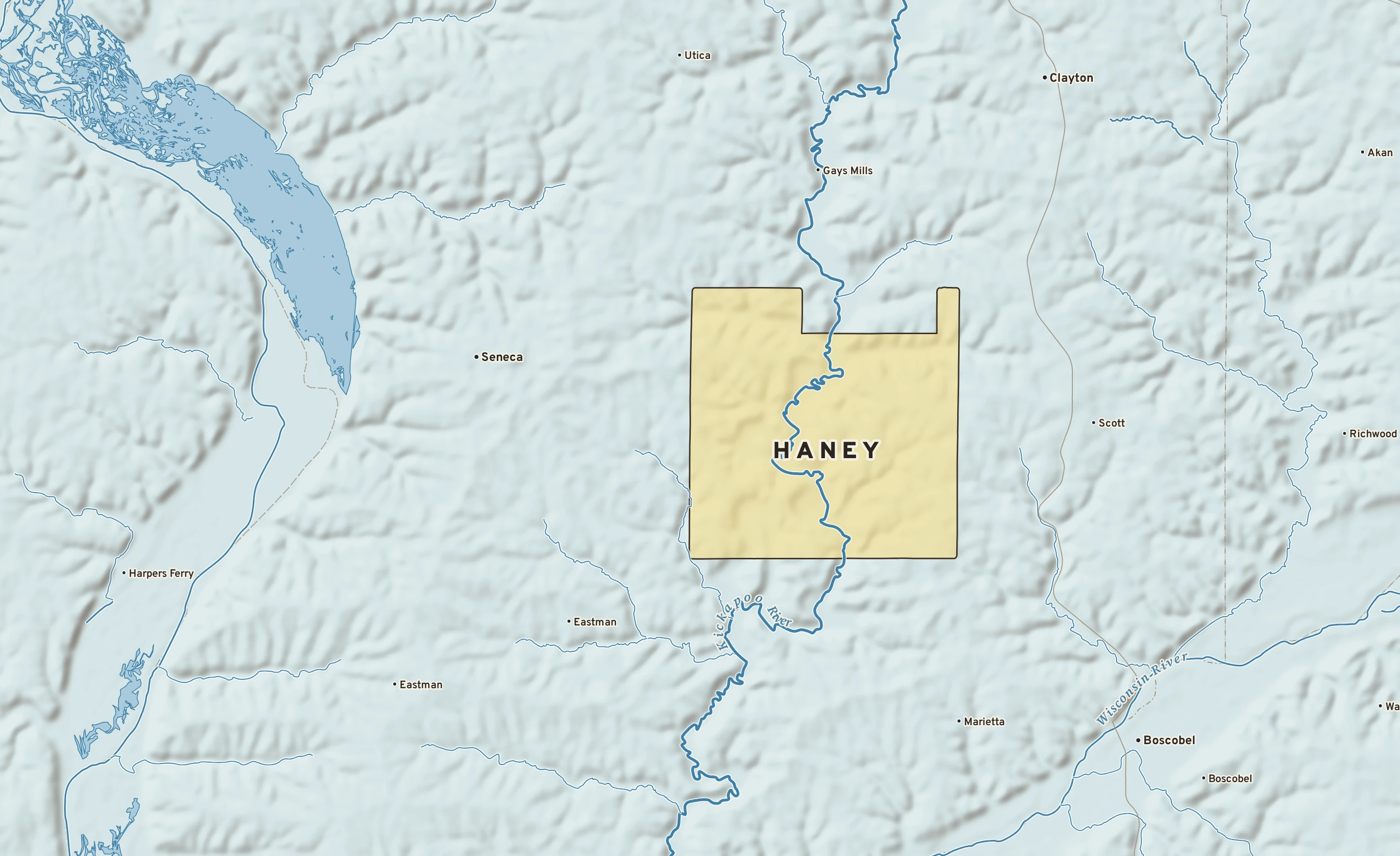Shaded-relief atlas plate of Haney, Wisconsin: rivers, roads, the city limits and where the water drains.
