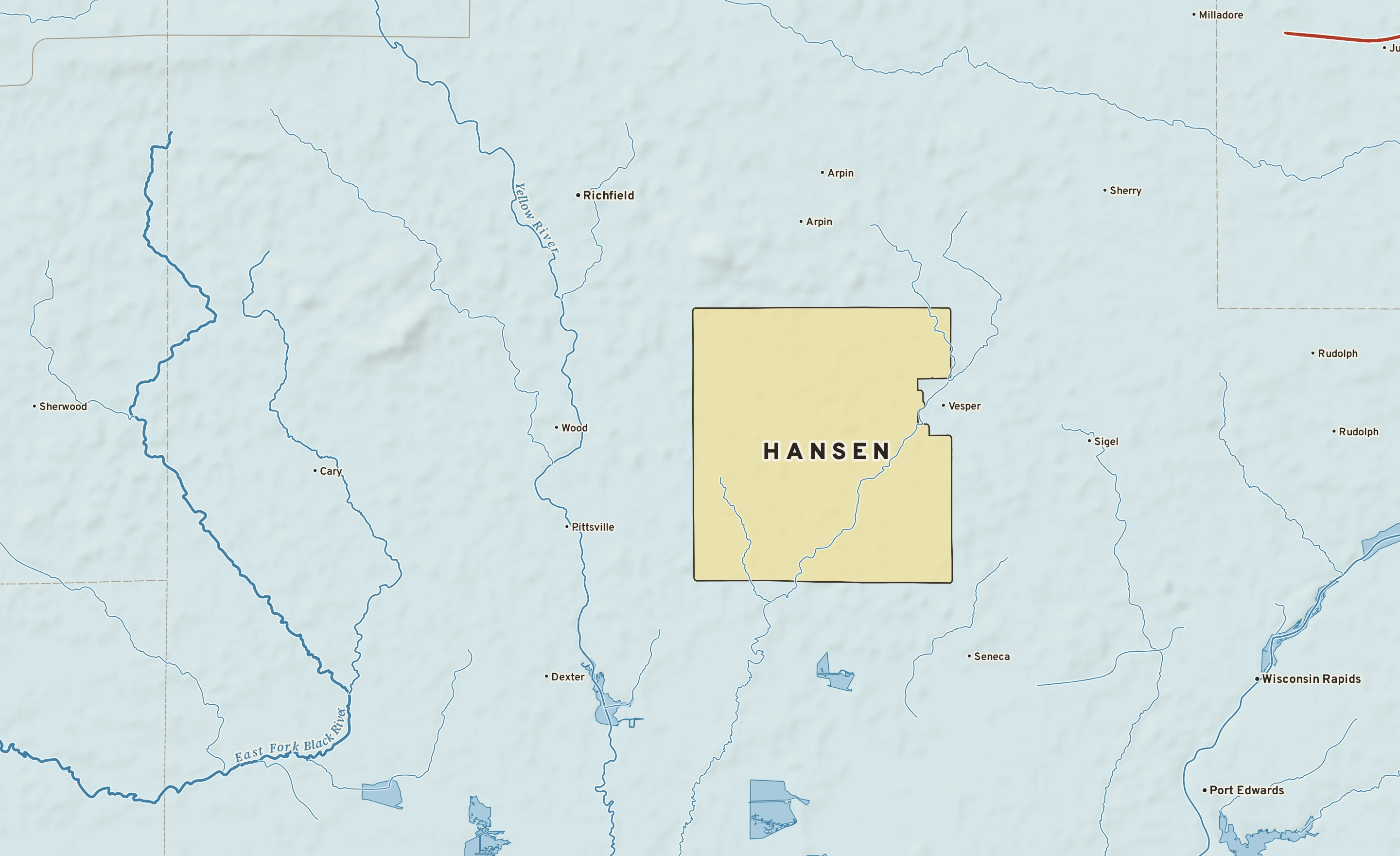 Shaded-relief atlas plate of Hansen, Wisconsin: rivers, roads, the city limits and where the water drains.