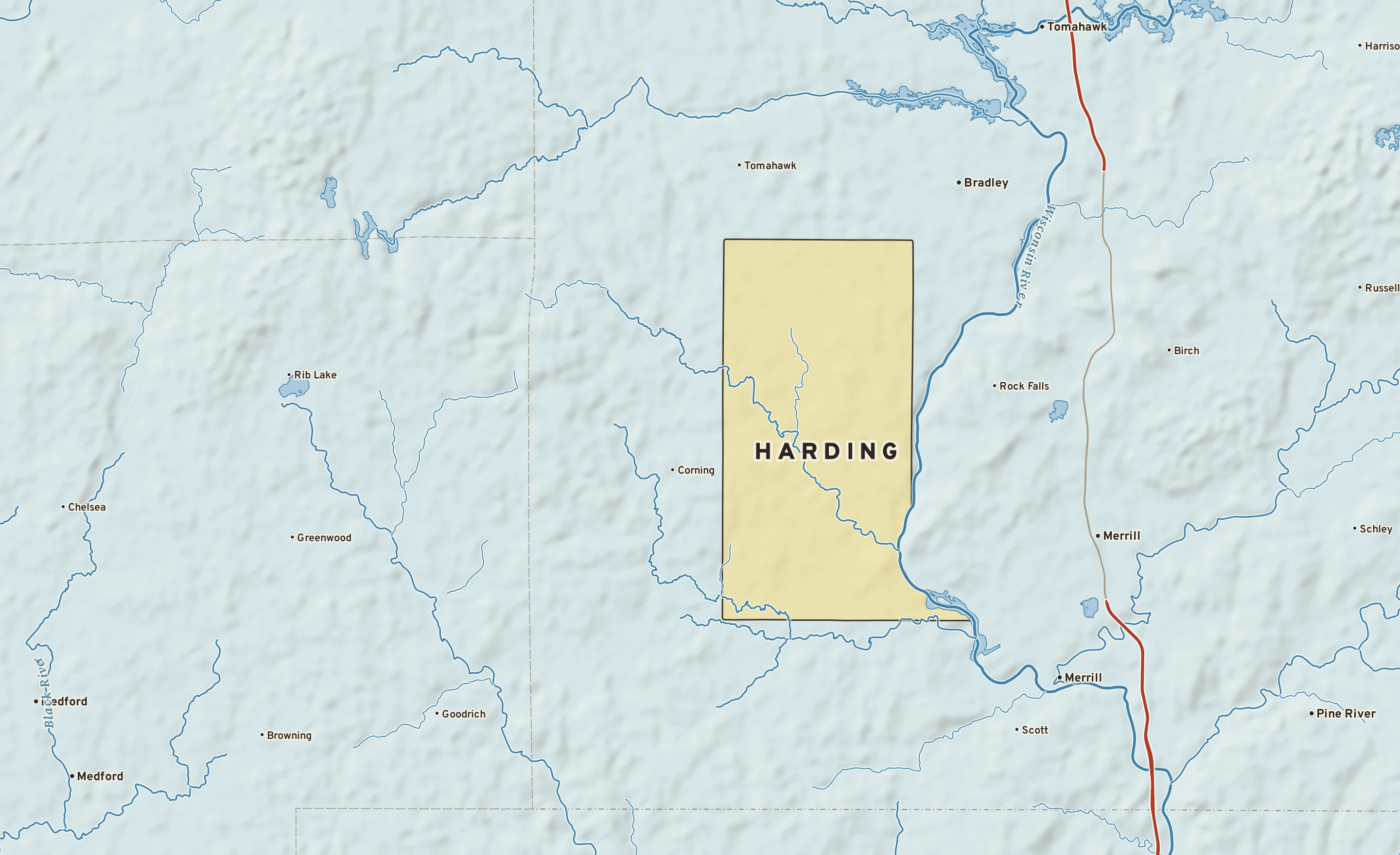 Shaded-relief atlas plate of Harding, Wisconsin: rivers, roads, the city limits and where the water drains.