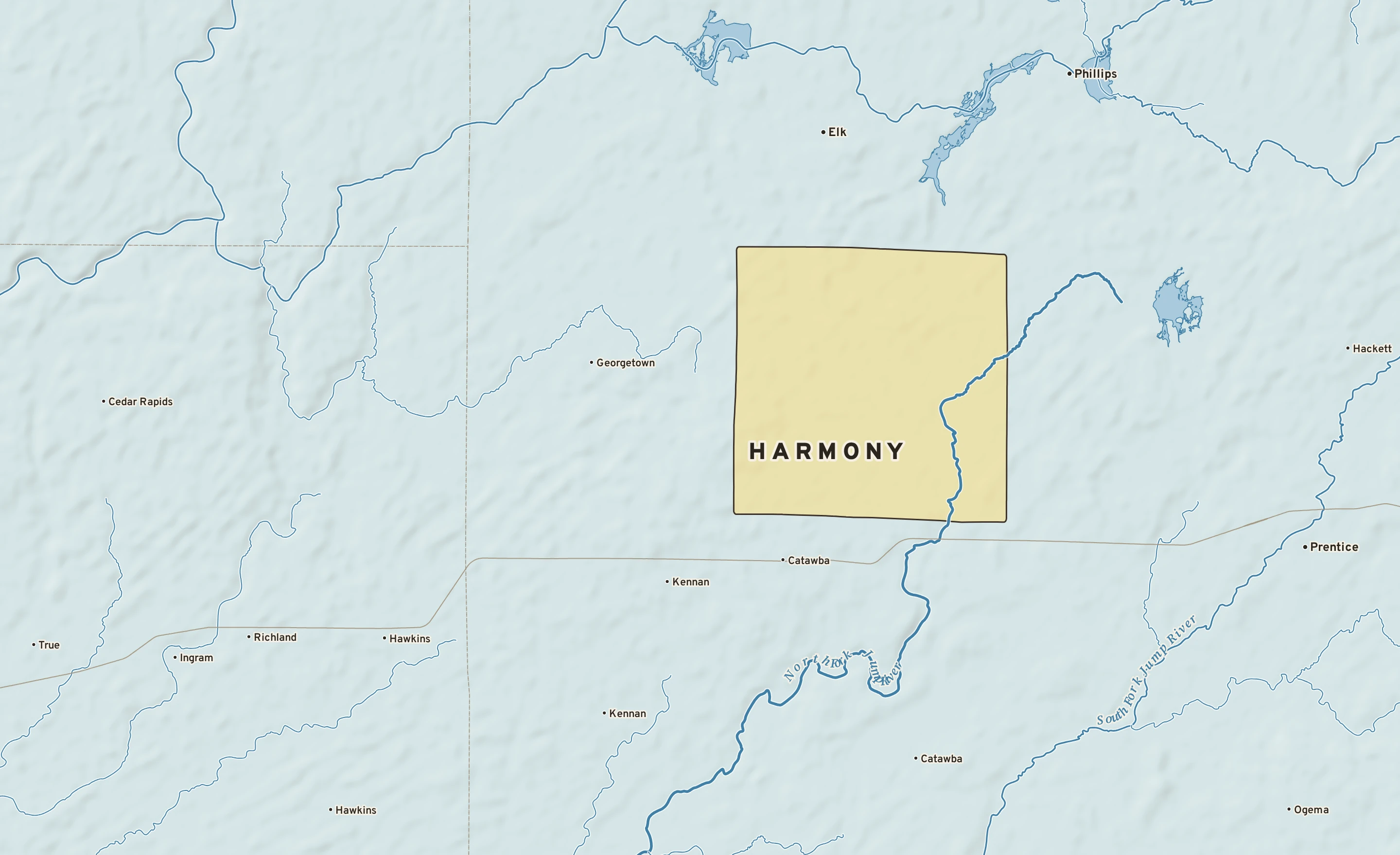 Shaded-relief atlas plate of Harmony, Wisconsin: rivers, roads, the city limits and where the water drains.