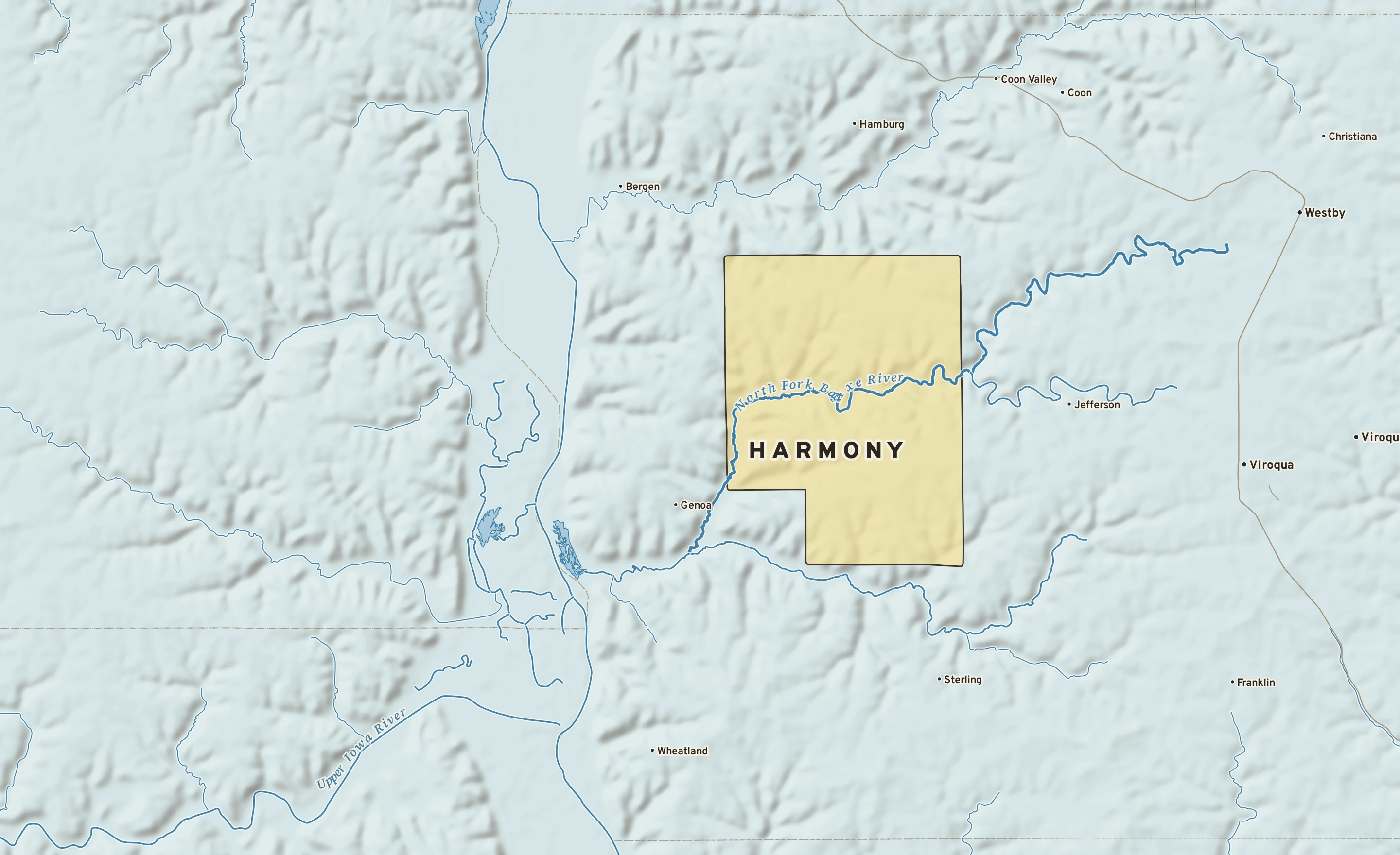 Shaded-relief atlas plate of Harmony, Wisconsin: rivers, roads, the city limits and where the water drains.