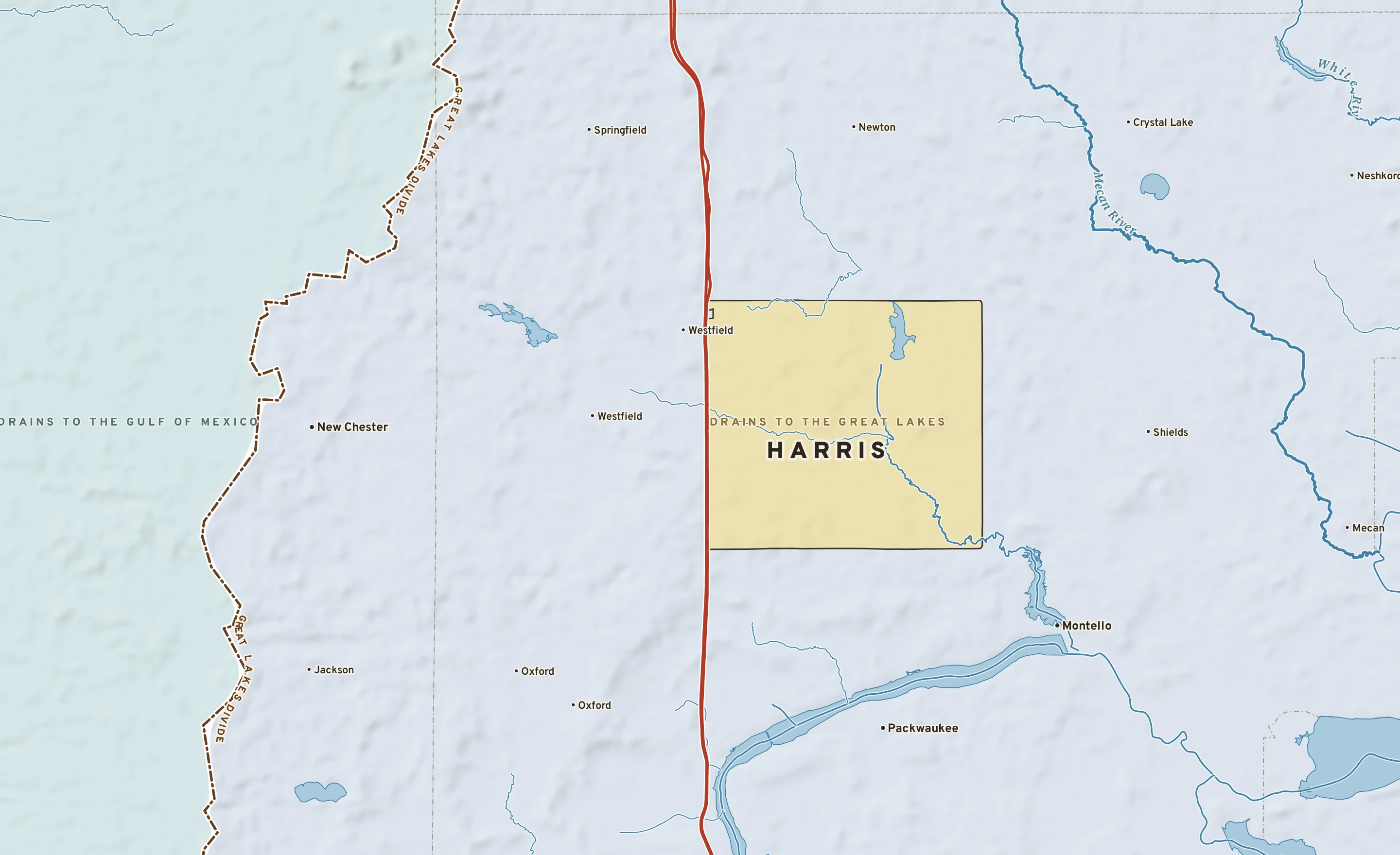 Shaded-relief atlas plate of Harris, Wisconsin: rivers, roads, the city limits and where the water drains.